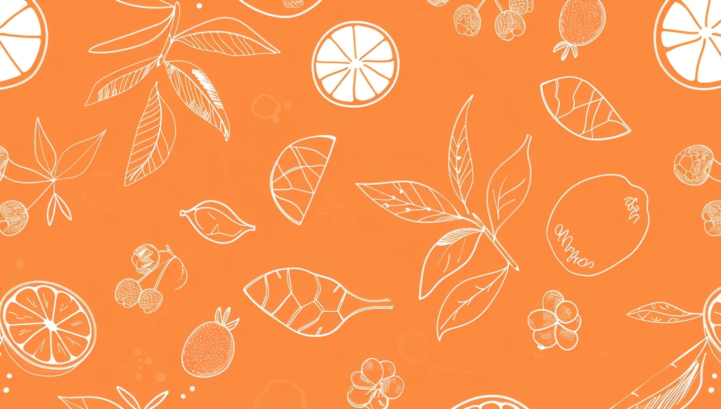 An energetic orange backdrop flourished with intricate white line drawings of luscious citrus fruits, zesty leaves, succulent strawberries, delicate flowers, and refreshing citrus slices. This lively and fresh design encapsulates the essence of summer, bursting with goodness and vitality. Perfectly embodying Zestful Blends' commitment to health benefits and freshness in every bite—from our invigorating fruit salads to revitalizing juices, wholesome snacks, nutrient-packed smoothies, whole fruit packs brimming with delight, and delectable desserts. Embrace nature's bounty in eco-friendly style!