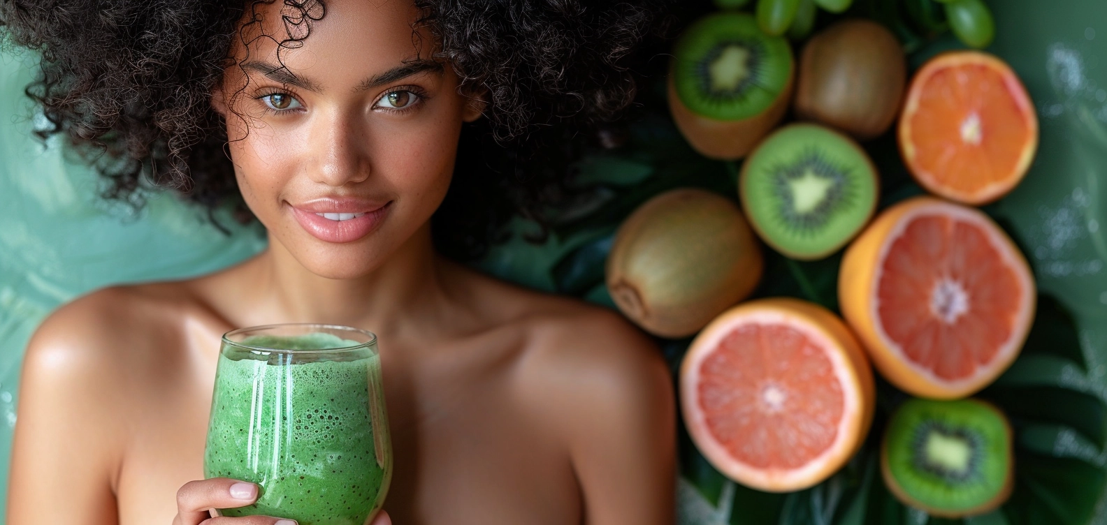 A joyful woman with vibrant curly hair beams while savoring a refreshing green smoothie, brimming with health benefits. Her radiant smile and visible shoulders radiate well-being. Surrounding her are whole and luscious sliced kiwi fruits, alongside a bright orange and a tangy grapefruit, all elegantly displayed on fresh green leaves. The soft green backdrop perfectly complements the scene, symbolizing Zestful Blends’ commitment to eco-friendly practices and unparalleled freshness. Each of our products—from fruit salads and juices to wholesome snacks, smoothies, whole fruit packs, and decadent desserts—is truly bursting with goodness! A joyful woman with vibrant curly hair beams while savoring a refreshing green smoothie, brimming with health benefits. Her radiant smile and visible shoulders radiate well-being. Surrounding her are whole and luscious sliced kiwi fruits, alongside a bright orange and a tangy grapefruit, all elegantly displayed on fresh green leaves. The soft green backdrop perfectly complements the scene, symbolizing Zestful Blends' commitment to eco-friendly practices and unparalleled freshness. Each of our products—from fruit salads and juices to wholesome snacks, smoothies, whole fruit packs, and decadent desserts—is truly bursting with goodness!