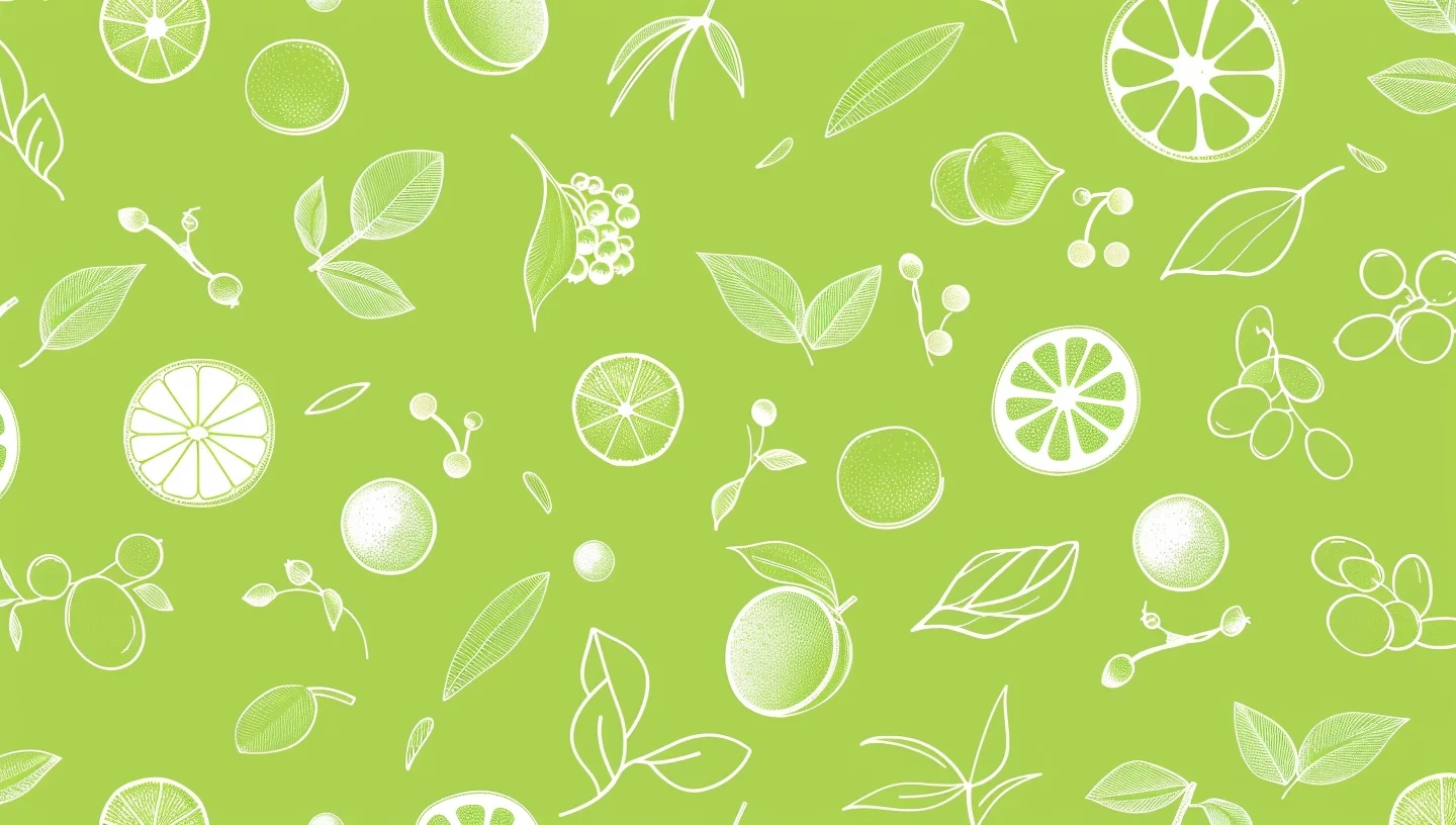 Illustration of various white outlined fruits and leaves scattered on a light green background. This vibrant pattern showcases citrus slices, whole fruits, berries, and assorted leaves, creating a fresh and lively backdrop reminiscent of Zestful Blends' commitment to freshness. Experience an 'About Us' page that’s bursting with goodness—celebrating our health-boosting fruit salads, invigorating juices, wholesome snacks, energizing smoothies, nutritious whole fruit packs, and decadent yet healthy desserts. Our eco-friendly choices ensure you can savor nature's best while supporting the environment.