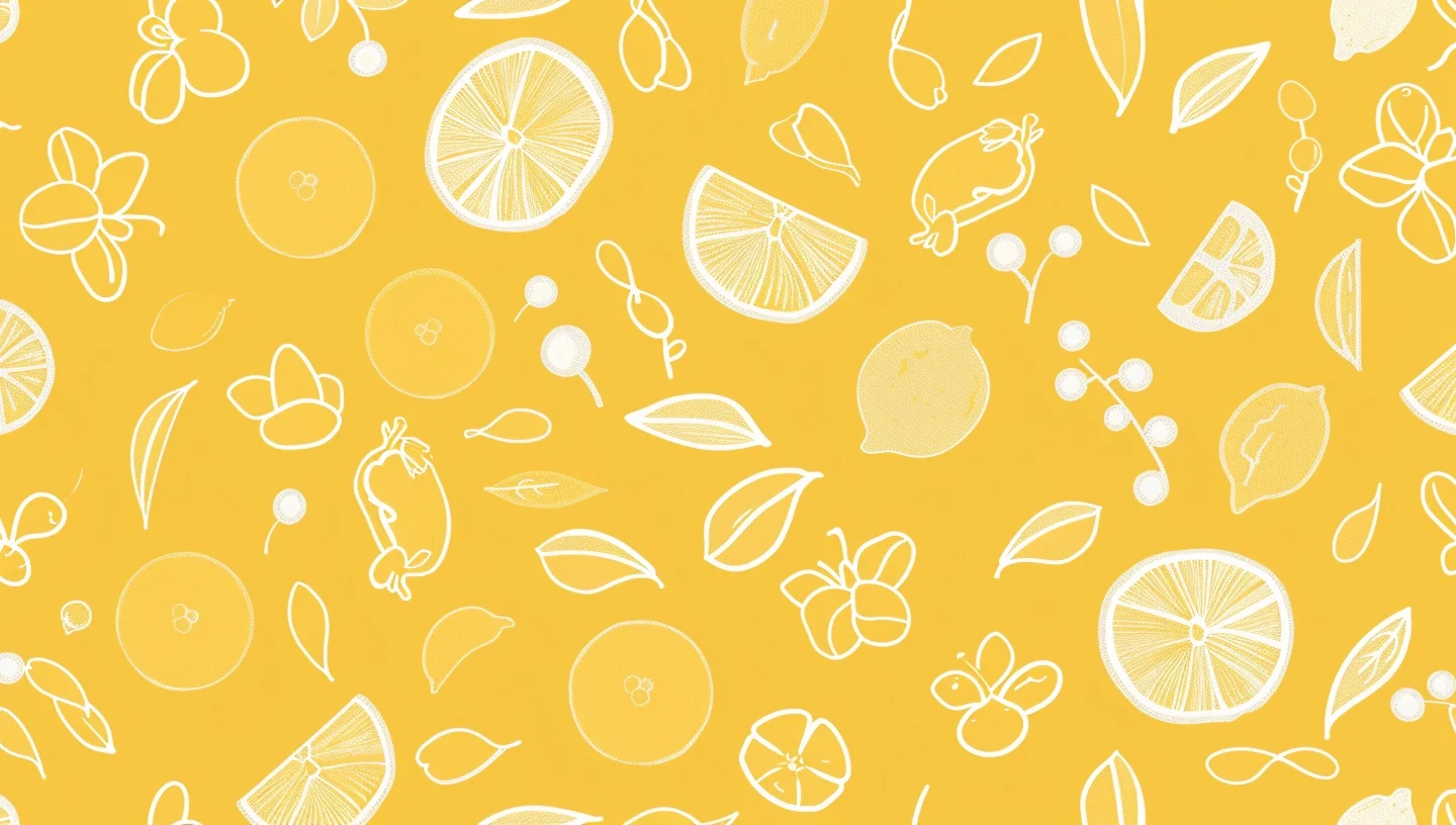 An abstract, vibrant yellow background showcases a lively array of white line drawings featuring fresh fruits like lemons, oranges, and cherries, complemented by playful leaves and berries. This energetic pattern radiates the spirit of summer and invites you to embrace the joys of the season with Zestful Blends. Our fruit salads, juices, snacks, smoothies, whole fruit packs, and desserts are bursting with goodness—packed with health benefits from nature's finest ingredients. Plus, we proudly prioritize eco-friendly practices in every delightful bite!