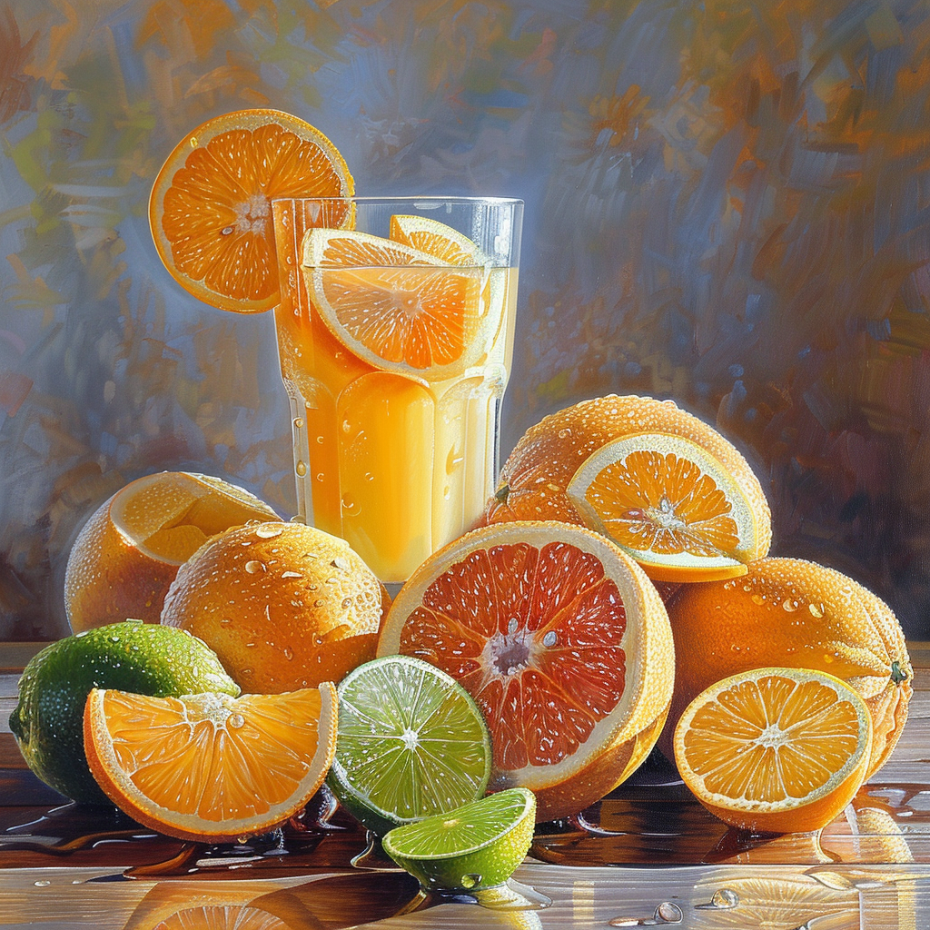 A vibrant glass of Citrus Sunrise, garnished with a fresh orange slice, stands proudly amidst an array of juicy citrus fruits—orange, lime, and grapefruit. Bursting with goodness, the sunrise hues cast a radiant glow over the scene as dewy droplets shimmer on the halved and wedged fruits. The colorful background enhances the freshness and vitality of this delicious ensemble. Packed with vitamins and eco-friendly perfection, Zestful Blends delivers health in every sip! A vibrant glass of Citrus Sunrise, garnished with a fresh orange slice, stands proudly amidst an array of juicy citrus fruits—orange, lime, and grapefruit. Bursting with goodness, the sunrise hues cast a radiant glow over the scene as dewy droplets shimmer on the halved and wedged fruits. The colorful background enhances the freshness and vitality of this delicious ensemble. Packed with vitamins and eco-friendly perfection, Zestful Blends delivers health in every sip!