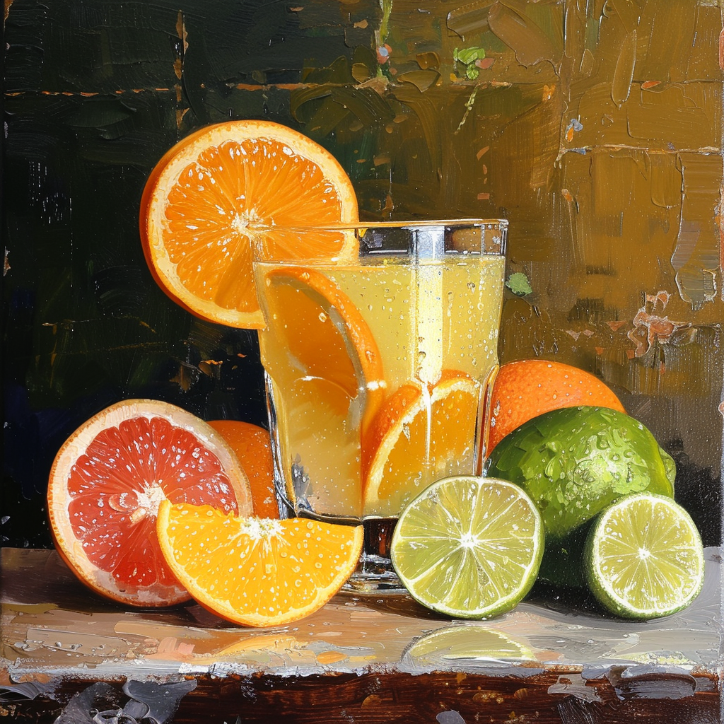 A vibrant still life painting titled **Citrus Sunrise**, showcasing an array of whole and sliced citrus fruits, including zesty oranges, tangy limes, and refreshing grapefruits. The meticulously detailed textures and bold, saturated colors radiate the fresh promise of sunrise on a wooden surface. Bursting with goodness from nature’s bounty, our fruit salads, juices, snacks, smoothies, whole fruit packs, and desserts harness the invigorating vitality of these lively ingredients. All products are crafted with care to promote health while embracing eco-friendly practices. Discover the zestful freshness that brightens your day with every nutritious bite! A vibrant still life painting titled **Citrus Sunrise**, showcasing an array of whole and sliced citrus fruits, including zesty oranges, tangy limes, and refreshing grapefruits. The meticulously detailed textures and bold, saturated colors radiate the fresh promise of sunrise on a wooden surface. Bursting with goodness from nature’s bounty, our fruit salads, juices, snacks, smoothies, whole fruit packs, and desserts harness the invigorating vitality of these lively ingredients. All products are crafted with care to promote health while embracing eco-friendly practices. Discover the zestful freshness that brightens your day with every nutritious bite!
