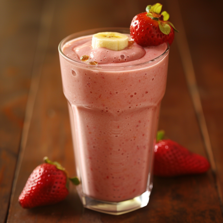 A tall glass brimming with our creamy Strawberry Fields Forever smoothie, crowned with a fresh strawberry and a banana slice on the rim. Beside it, two plump strawberries hint at sunlit fields bursting with goodness. Enjoy this refreshing indulgence that’s packed with health benefits and pure, natural flavors. A tall glass brimming with our creamy Strawberry Fields Forever smoothie, crowned with a fresh strawberry and a banana slice on the rim. Beside it, two plump strawberries hint at sunlit fields bursting with goodness. Enjoy this refreshing indulgence that’s packed with health benefits and pure, natural flavors.