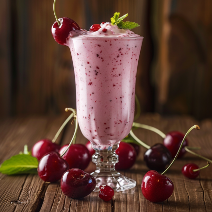 A tall glass brimming with our invigorating Cherry Cheer milkshake, adorned with a freshly-picked cherry and a sprig of mint. Surrounding the glass, vibrant cherries dot a rustic wooden table, set against an elegant dark wooden backdrop. Bursting with goodness and made from the freshest ingredients, this delightful treat is not only packed with flavor but also champions our commitment to health and eco-friendly practices. Dive into refreshment that tastes as good as it feels! A tall glass brimming with our invigorating Cherry Cheer milkshake, adorned with a freshly-picked cherry and a sprig of mint. Surrounding the glass, vibrant cherries dot a rustic wooden table, set against an elegant dark wooden backdrop. Bursting with goodness and made from the freshest ingredients, this delightful treat is not only packed with flavor but also champions our commitment to health and eco-friendly practices. Dive into refreshment that tastes as good as it feels!