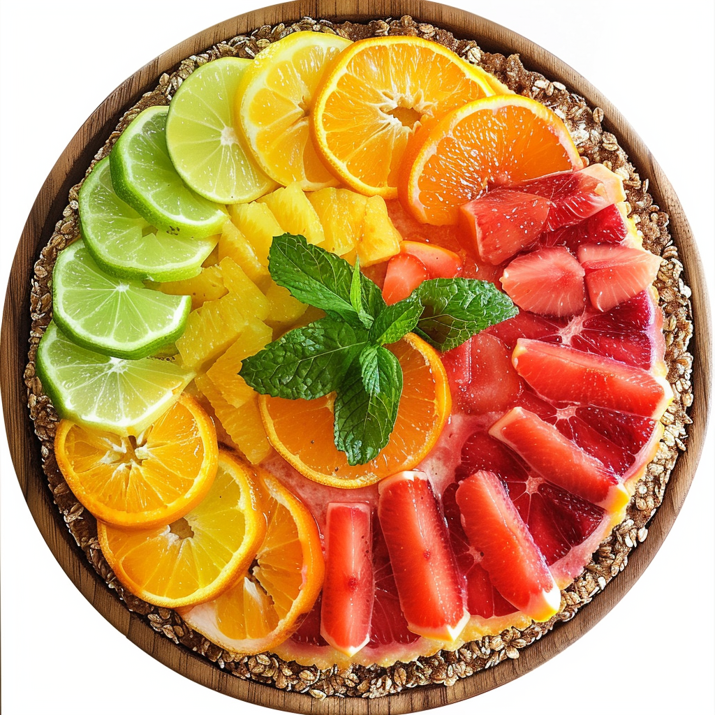 Introducing our Mixed Citrus & Mint Pizza: a vibrant masterpiece bursting with goodness! This round fruit tart features a crunchy, eco-friendly granola crust topped with an array of colorful citrus slices arranged in a dazzling rainbow pattern – zesty lime, sweet pineapple, juicy orange, tangy grapefruit, and succulent strawberries. A sprig of fresh mint graces the center for an invigorating touch. Experience the ultimate blend of health and freshness with this delightful treat from Zestful Blends. Presented elegantly on a wooden plate, it's as visually stunning as it is nutritious! Introducing our Mixed Citrus & Mint Pizza: a vibrant masterpiece bursting with goodness! This round fruit tart features a crunchy, eco-friendly granola crust topped with an array of colorful citrus slices arranged in a dazzling rainbow pattern – zesty lime, sweet pineapple, juicy orange, tangy grapefruit, and succulent strawberries. A sprig of fresh mint graces the center for an invigorating touch. Experience the ultimate blend of health and freshness with this delightful treat from Zestful Blends. Presented elegantly on a wooden plate, it's as visually stunning as it is nutritious!