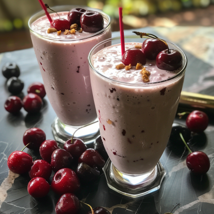 Two tall glasses of Cherry Cheer sit on a table surrounded by succulent, fresh cherries, radiating pure joy and vitality. These luscious light pink smoothies are bursting with goodness, blending pieces of juicy cherries and crunchy nuts to create a delightful texture in every sip. Each glass is elegantly garnished with whole cherries on top, perfect for that insta-worthy moment. Scattered around the base, more vibrant cherries add a touch of natural beauty—just one example of how Zestful Blends ensures freshness in every product. Eco-friendly and health-conscious, our products nourish your body while being kind to our planet. Indulge in wellness with every refreshing taste! Two tall glasses of Cherry Cheer sit on a table surrounded by succulent, fresh cherries, radiating pure joy and vitality. These luscious light pink smoothies are bursting with goodness, blending pieces of juicy cherries and crunchy nuts to create a delightful texture in every sip. Each glass is elegantly garnished with whole cherries on top, perfect for that insta-worthy moment. Scattered around the base, more vibrant cherries add a touch of natural beauty—just one example of how Zestful Blends ensures freshness in every product. Eco-friendly and health-conscious, our products nourish your body while being kind to our planet. Indulge in wellness with every refreshing taste!