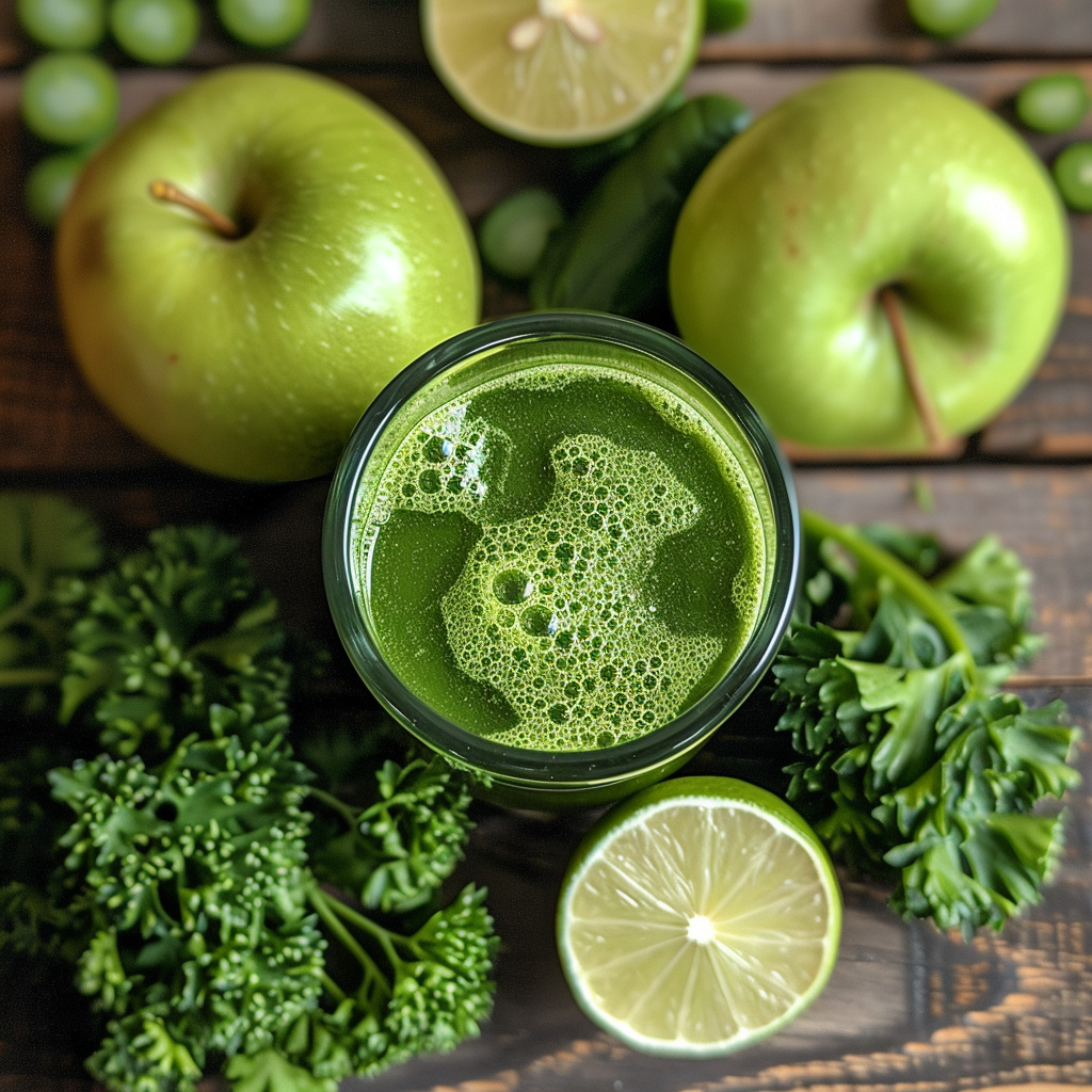 A glass of Citrus Sunrise graces a wooden table, surrounded by an array of fresh ingredients – crisp green apples, invigorating leafy parsley, and zesty sliced limes. This vibrant, frothy juice embodies the essence of a healthy sunrise beverage bursting with goodness. Our Citrus Sunrise is crafted to boost your vitality with every sip and captures the zestful spirit of our commitment to fresh and eco-friendly produce. A glass of Citrus Sunrise graces a wooden table, surrounded by an array of fresh ingredients – crisp green apples, invigorating leafy parsley, and zesty sliced limes. This vibrant, frothy juice embodies the essence of a healthy sunrise beverage bursting with goodness. Our Citrus Sunrise is crafted to boost your vitality with every sip and captures the zestful spirit of our commitment to fresh and eco-friendly produce.