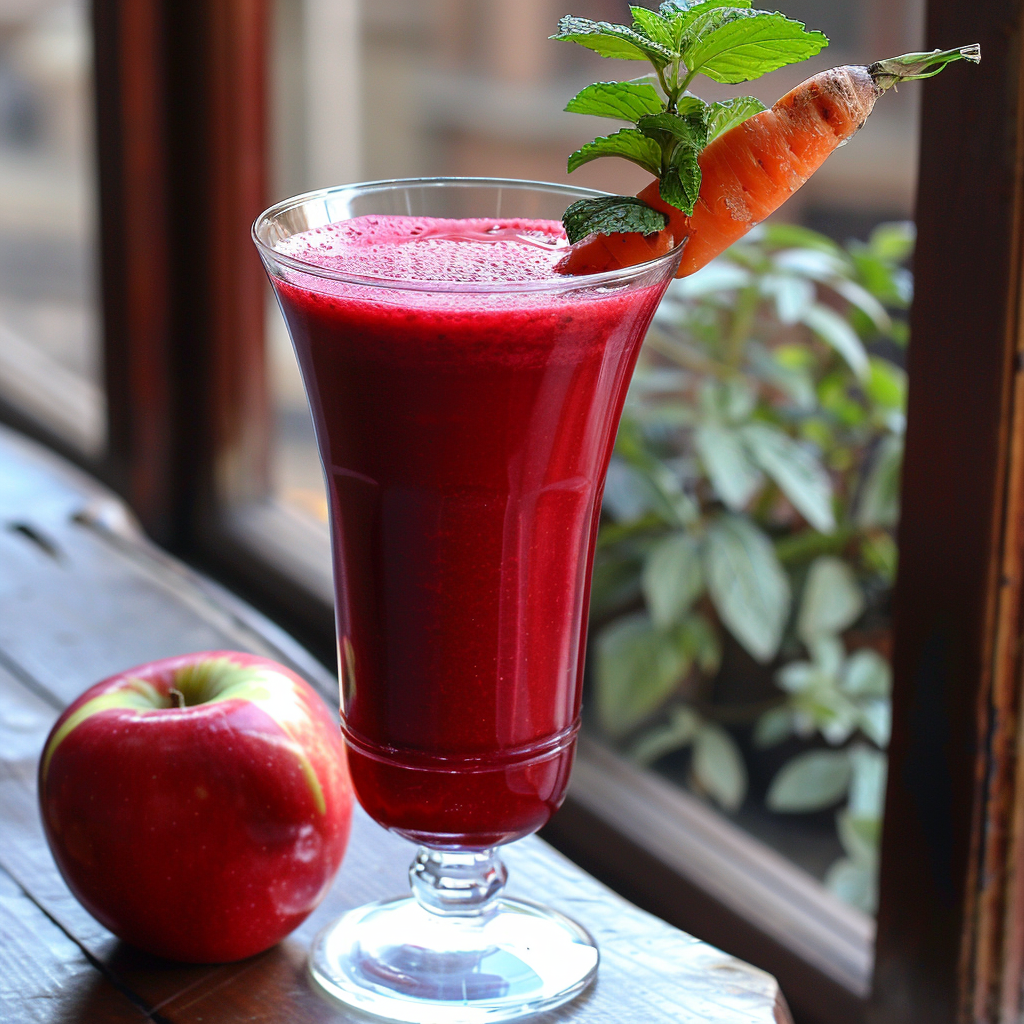 Indulge in the vibrant freshness of our Citrus Sunrise, a tall glass bursting with the zesty goodness of citrus and enriched with a hint of carrot. Garnished with crisp mint leaves, this refreshing beverage epitomizes health and vitality. Nestled beside it is a shiny red apple, symbolizing wholesome nourishment. The blurred greenery backdrop evokes the serene beauty of a sunrise, reminding you that every sip supports eco-friendly choices and pure well-being. Perfect for starting your day on a healthy and invigorating note! Indulge in the vibrant freshness of our Citrus Sunrise, a tall glass bursting with the zesty goodness of citrus and enriched with a hint of carrot. Garnished with crisp mint leaves, this refreshing beverage epitomizes health and vitality. Nestled beside it is a shiny red apple, symbolizing wholesome nourishment. The blurred greenery backdrop evokes the serene beauty of a sunrise, reminding you that every sip supports eco-friendly choices and pure well-being. Perfect for starting your day on a healthy and invigorating note!