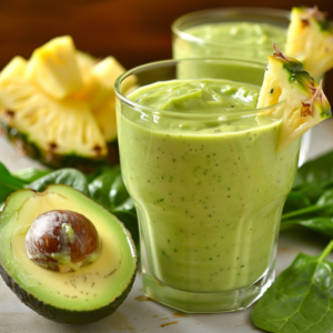 A vibrant close-up of two refreshing Avocado Green Dream glasses, each garnished with a juicy pineapple slice. Surrounding the glasses are fresh avocado halves, pineapple pieces, and crisp spinach leaves—highlighting the wholesome ingredients that make up this delectable green dream. Bursting with goodness, this blend fuels your body with essential nutrients while tantalizing your taste buds. Discover the pure freshness of Zestful Blends, where health meets indulgence in every sip. Made with eco-friendly practices because we care about you and our planet!