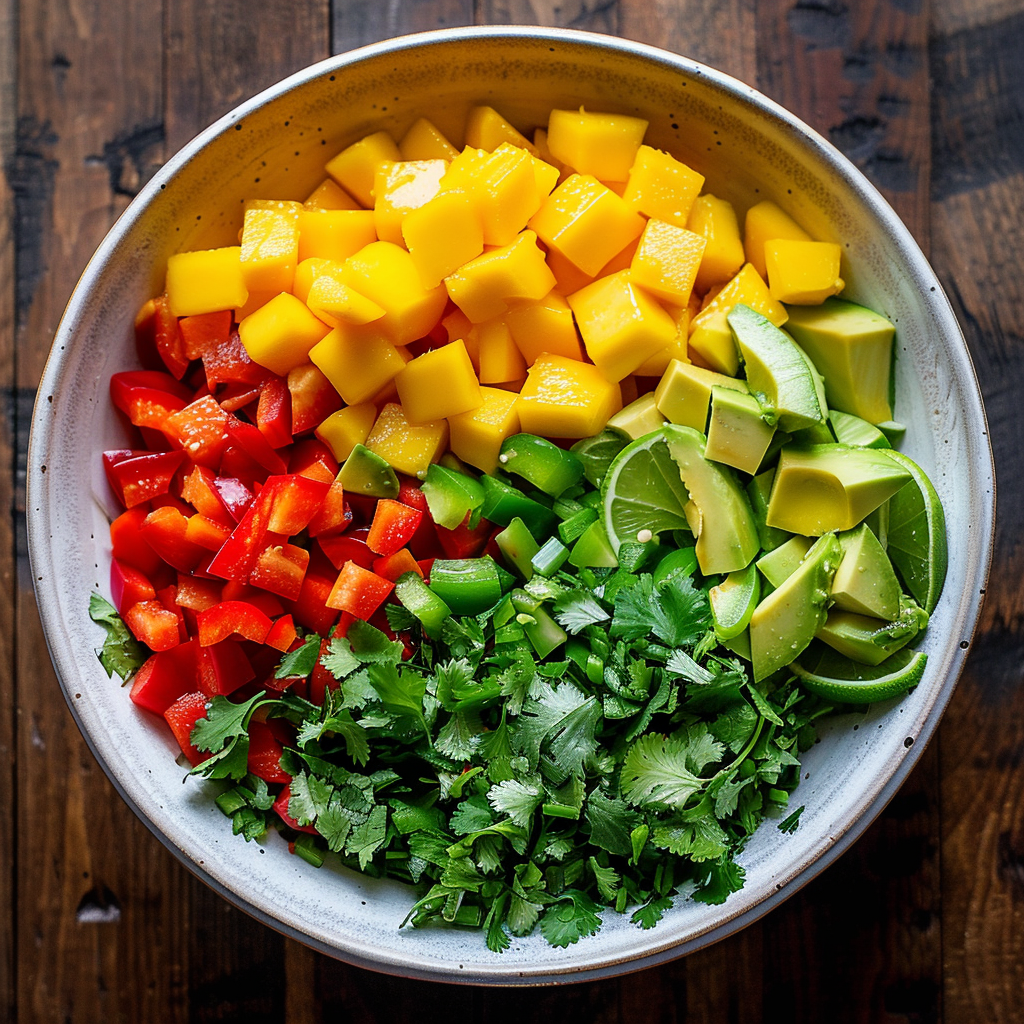 A ceramic bowl brimming with vibrant, freshly chopped ingredients sits on a wooden table, bursting with goodness. Our Mango & Avocado Salsa is a delightful fusion of diced mangoes, crisp red and green bell peppers, creamy avocado slices, tangy lime wedges, and a generous helping of fresh cilantro—perfect for concocting a zesty salsa that's as nutritious as it is delicious. At Zestful Blends, we pride ourselves on delivering health-packed fruit salads, energizing juices, wholesome snacks, invigorating smoothies, whole fruit packs bursting with flavor, and delectable desserts. Plus, our commitment to eco-friendly practices ensures you can enjoy freshness while caring for the planet. A ceramic bowl brimming with vibrant, freshly chopped ingredients sits on a wooden table, bursting with goodness. Our Mango & Avocado Salsa is a delightful fusion of diced mangoes, crisp red and green bell peppers, creamy avocado slices, tangy lime wedges, and a generous helping of fresh cilantro—perfect for concocting a zesty salsa that's as nutritious as it is delicious. At Zestful Blends, we pride ourselves on delivering health-packed fruit salads, energizing juices, wholesome snacks, invigorating smoothies, whole fruit packs bursting with flavor, and delectable desserts. Plus, our commitment to eco-friendly practices ensures you can enjoy freshness while caring for the planet.