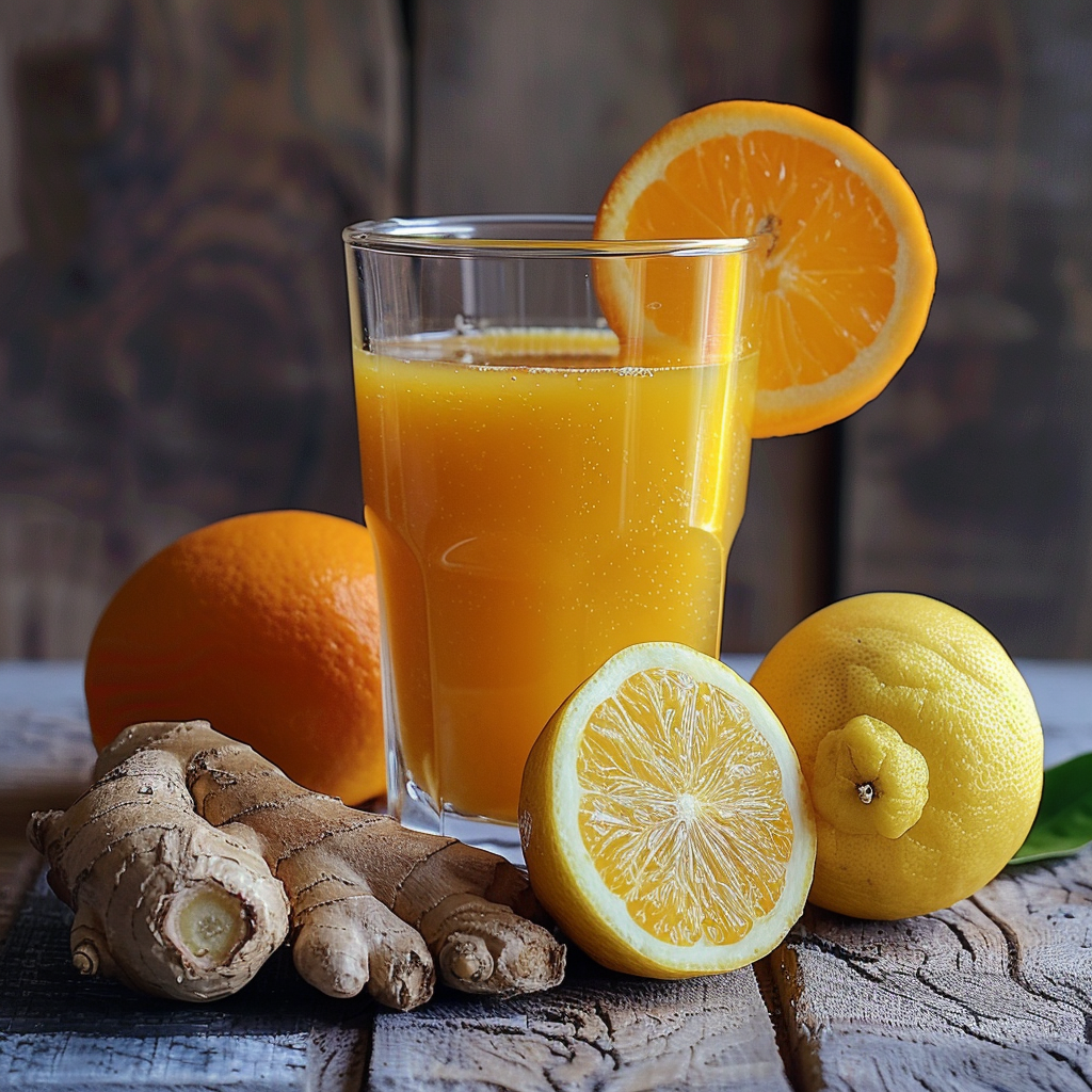 Experience the revitalizing burst of Citrus Sunrise, Zestful Blends' signature refreshing juice that symbolizes health and freshness in every drop. This vibrant glass of citrus delight, crowned with a slice of zesty orange, is surrounded by whole and halved lemons, a sun-kissed orange, and a fragrant piece of fresh ginger root. Nestled against rustic wooden textures that evoke the promise of an invigorating sunrise, this arrangement not only celebrates nature's bounty but also emphasizes our commitment to eco-friendly practices and wellness-packed choices. Perfectly paired with our fruit salads, snacks, whole fruit packs, delicious smoothies, and delightful desserts – Citrus Sunrise is your daily dose of goodness bursting with flavor! Experience the revitalizing burst of Citrus Sunrise, Zestful Blends' signature refreshing juice that symbolizes health and freshness in every drop. This vibrant glass of citrus delight, crowned with a slice of zesty orange, is surrounded by whole and halved lemons, a sun-kissed orange, and a fragrant piece of fresh ginger root. Nestled against rustic wooden textures that evoke the promise of an invigorating sunrise, this arrangement not only celebrates nature's bounty but also emphasizes our commitment to eco-friendly practices and wellness-packed choices. Perfectly paired with our fruit salads, snacks, whole fruit packs, delicious smoothies, and delightful desserts – Citrus Sunrise is your daily dose of goodness bursting with flavor!
