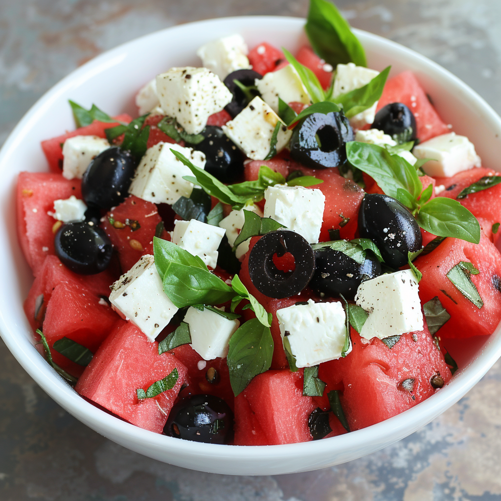 A vibrant Watermelon & Feta Salad bursting with goodness! Featuring juicy diced watermelon, creamy feta cheese cubes, and savory black olives, this refreshing dish is beautifully presented in an elegant white bowl. Garnished with aromatic fresh basil leaves and a hint of black pepper, it’s a delightful mix perfect for any occasion. Experience the freshness and health benefits of Zestful Blends’ creations. Our commitment to eco-friendly practices makes every bite not only delicious but also kind to our planet. Dive into wellness with every forkful! A vibrant Watermelon & Feta Salad bursting with goodness! Featuring juicy diced watermelon, creamy feta cheese cubes, and savory black olives, this refreshing dish is beautifully presented in an elegant white bowl. Garnished with aromatic fresh basil leaves and a hint of black pepper, it’s a delightful mix perfect for any occasion. Experience the freshness and health benefits of Zestful Blends’ creations. Our commitment to eco-friendly practices makes every bite not only delicious but also kind to our planet. Dive into wellness with every forkful!