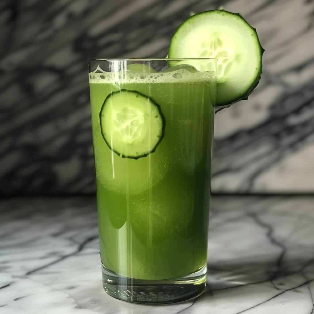A tall glass of **Citrus Sunrise** awaits, bursting with goodness! This vibrant drink, adorned with two crisp cucumber slices—one perched elegantly on the rim and the other floating within—offers a refreshing start to your day. Nestled against a sophisticated marble backdrop, this eco-friendly delight embodies the freshness and health benefits that Zestful Blends is famous for. Elevate your senses with every sip! A tall glass of **Citrus Sunrise** awaits, bursting with goodness! This vibrant drink, adorned with two crisp cucumber slices—one perched elegantly on the rim and the other floating within—offers a refreshing start to your day. Nestled against a sophisticated marble backdrop, this eco-friendly delight embodies the freshness and health benefits that Zestful Blends is famous for. Elevate your senses with every sip!