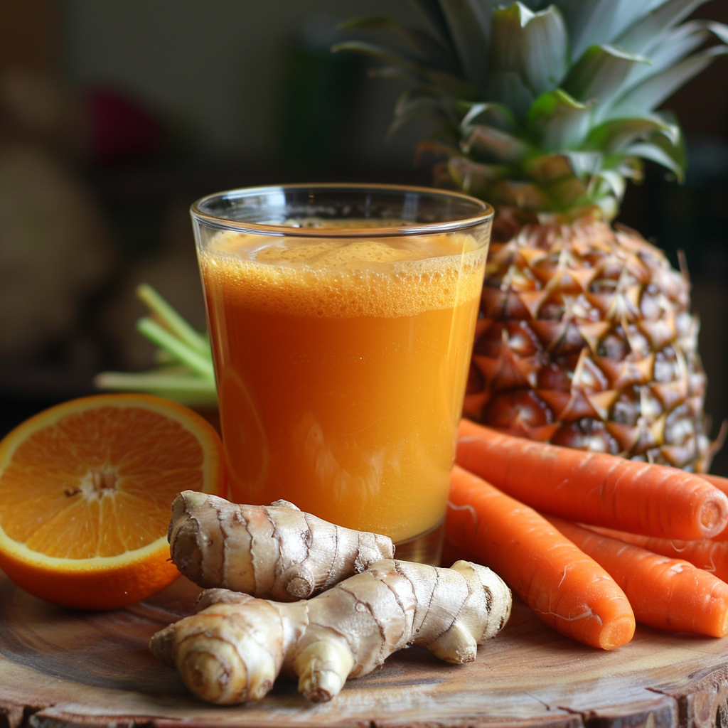 A glass of our invigorating Citrus Sunrise graces a wooden surface, surrounded by nature’s finest: a whole pineapple, zesty ginger roots, crisp carrot sticks, and a juicy halved orange. Bursting with goodness and vibrant colors, this delightful drink embodies freshness and vitality. At Zestful Blends, we’re committed to bringing you health-boosting bliss with every sip. Embrace the eco-friendly choices that make your wellness journey as refreshing as this radiant citrus sunrise! A glass of our invigorating Citrus Sunrise graces a wooden surface, surrounded by nature’s finest: a whole pineapple, zesty ginger roots, crisp carrot sticks, and a juicy halved orange. Bursting with goodness and vibrant colors, this delightful drink embodies freshness and vitality. At Zestful Blends, we’re committed to bringing you health-boosting bliss with every sip. Embrace the eco-friendly choices that make your wellness journey as refreshing as this radiant citrus sunrise!