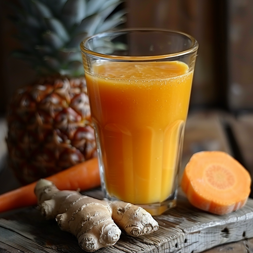 A vibrant glass of Citrus Sunrise sits on a rustic wooden surface, surrounded by nature's finest—a whole pineapple, a whole carrot, fresh carrot slices, and robust pieces of ginger root. Bursting with goodness, this delightful scene invites you into a world where every sip is as refreshing as the sunrise itself. Crafted from the freshest ingredients for ultimate health benefits and eco-friendliness, our Citrus Sunrise promises a revitalizing start to your day. A vibrant glass of Citrus Sunrise sits on a rustic wooden surface, surrounded by nature's finest—a whole pineapple, a whole carrot, fresh carrot slices, and robust pieces of ginger root. Bursting with goodness, this delightful scene invites you into a world where every sip is as refreshing as the sunrise itself. Crafted from the freshest ingredients for ultimate health benefits and eco-friendliness, our Citrus Sunrise promises a revitalizing start to your day.