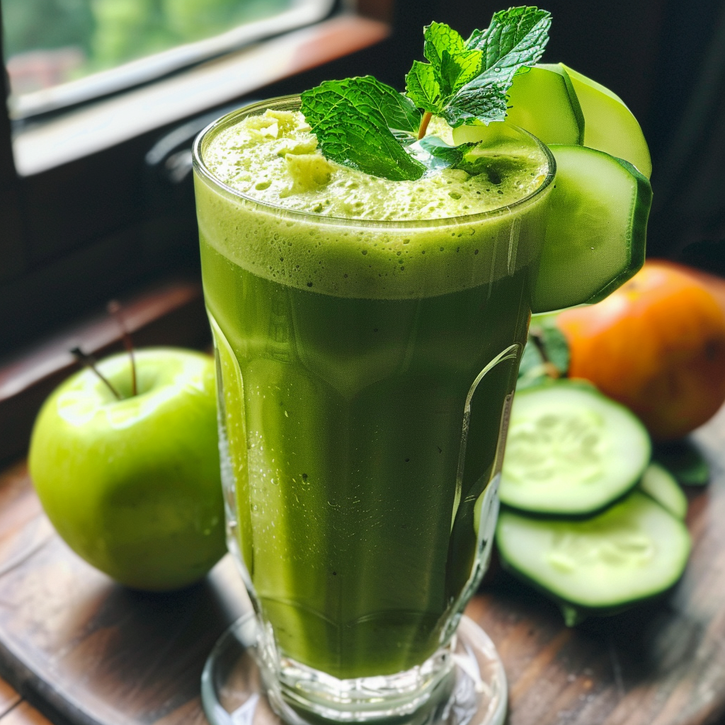 A tall glass brimming with our **Citrus Sunrise** green smoothie, frothy and garnished with fresh mint leaves and crisp cucumber slices. Bursting with goodness, this vibrant blend sits on a polished wooden surface beside a juicy green apple, crunchy cucumber slices, and a zesty orange. Bathed in natural sunlight streaming through the window, this scene showcases the refreshing vitality of Zestful Blends. Each product is crafted to invigorate your senses while promoting optimal health. Plus, we pride ourselves on eco-friendly practices because feeling good should also mean doing good for the planet! A tall glass brimming with our **Citrus Sunrise** green smoothie, frothy and garnished with fresh mint leaves and crisp cucumber slices. Bursting with goodness, this vibrant blend sits on a polished wooden surface beside a juicy green apple, crunchy cucumber slices, and a zesty orange. Bathed in natural sunlight streaming through the window, this scene showcases the refreshing vitality of Zestful Blends. Each product is crafted to invigorate your senses while promoting optimal health. Plus, we pride ourselves on eco-friendly practices because feeling good should also mean doing good for the planet!