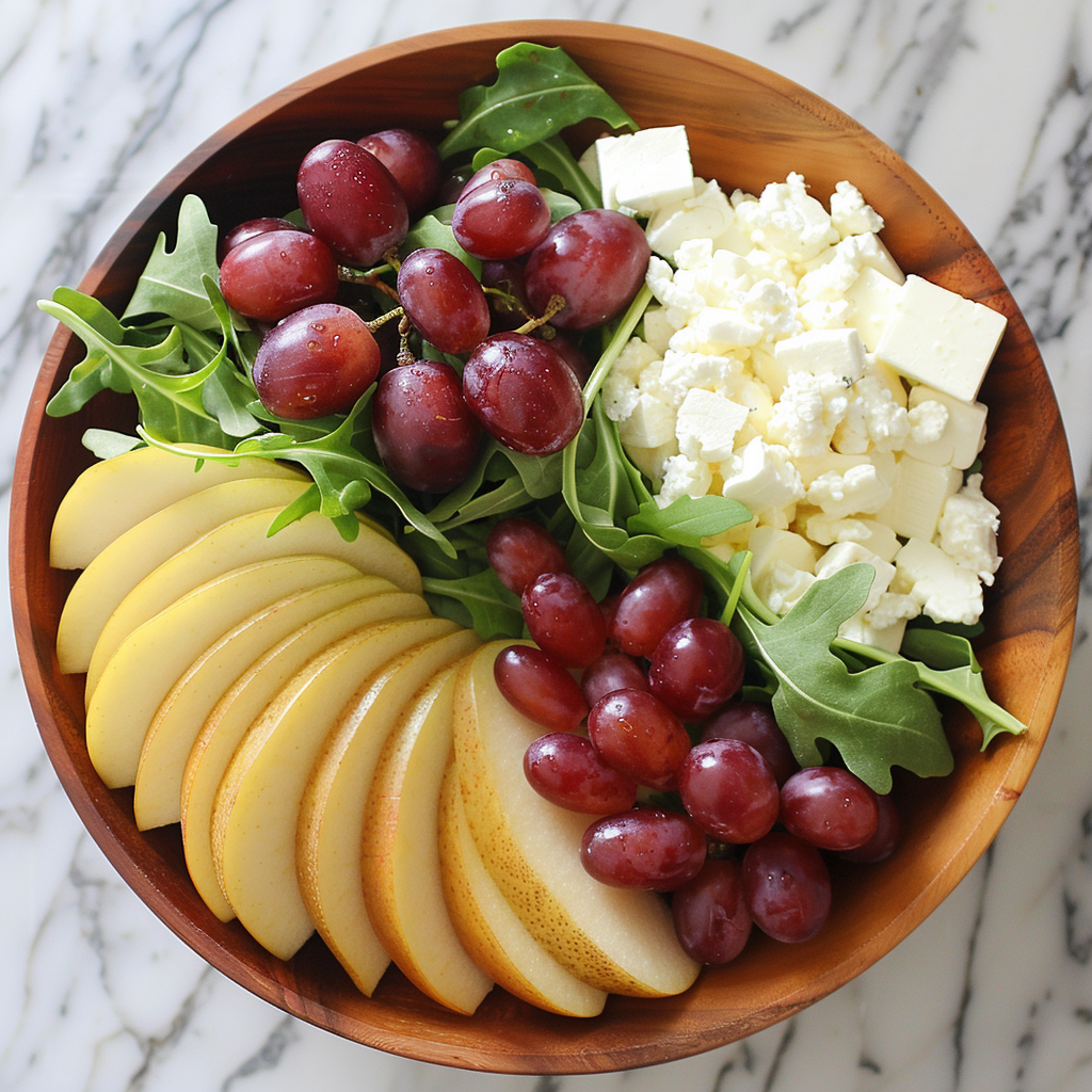 A wooden bowl brimming with our vibrant Asian Pear & Grape Salad, bursting with goodness! This refreshing delight features sliced yellow apples, crispy Asian pears, succulent red grapes, a medley of crumbled and cubed cheese, and crisp green arugula leaves. Each ingredient is meticulously arranged on a marble countertop to highlight its freshness and health benefits. Enjoy this eco-friendly masterpiece from Zestful Blends—where every bite celebrates vitality and sustainability! A wooden bowl brimming with our vibrant Asian Pear & Grape Salad, bursting with goodness! This refreshing delight features sliced yellow apples, crispy Asian pears, succulent red grapes, a medley of crumbled and cubed cheese, and crisp green arugula leaves. Each ingredient is meticulously arranged on a marble countertop to highlight its freshness and health benefits. Enjoy this eco-friendly masterpiece from Zestful Blends—where every bite celebrates vitality and sustainability!