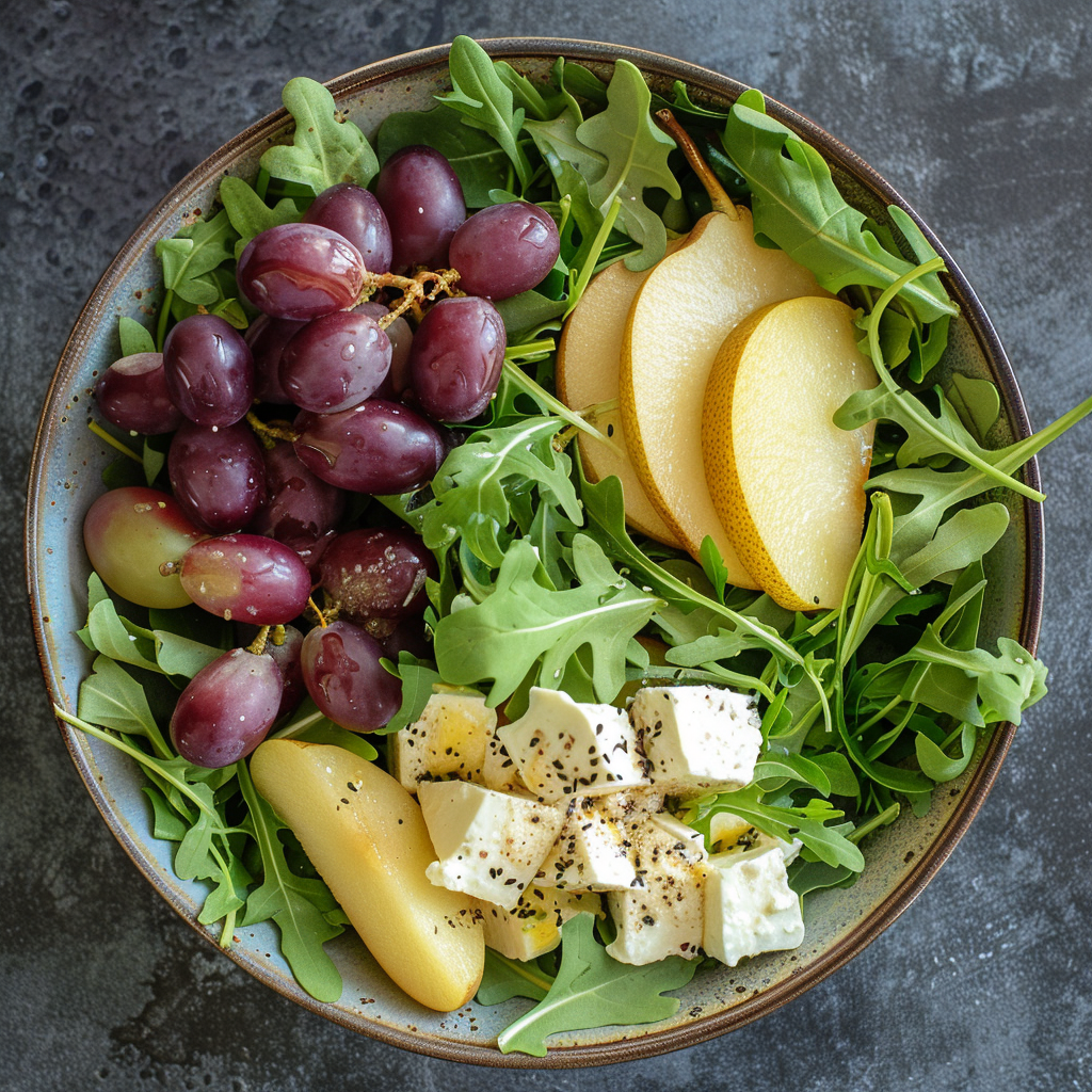 Discover the Asian Pear & Grape Salad from Zestful Blends — a masterpiece of vibrant, fresh ingredients bursting with goodness. This delightful medley features crisp arugula, juicy grape clusters, refreshing slices of Asian pear, and creamy cubes of feta cheese all perfectly accented with a hint of ground black pepper. Presented on a dark textured surface for an elegant touch, this salad not only looks stunning but also offers exceptional health benefits in every bite. Experience the freshness and eco-friendly ethos at Zestful Blends with every nutritious creation! Discover the Asian Pear & Grape Salad from Zestful Blends — a masterpiece of vibrant, fresh ingredients bursting with goodness. This delightful medley features crisp arugula, juicy grape clusters, refreshing slices of Asian pear, and creamy cubes of feta cheese all perfectly accented with a hint of ground black pepper. Presented on a dark textured surface for an elegant touch, this salad not only looks stunning but also offers exceptional health benefits in every bite. Experience the freshness and eco-friendly ethos at Zestful Blends with every nutritious creation!