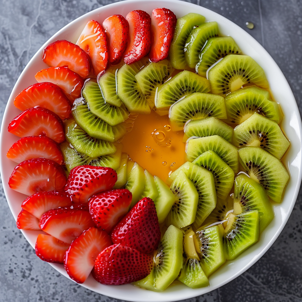 A white bowl brimming with the Kiwi & Strawberry Spiral showcases a stunning arrangement of alternating, concentric circles of fresh strawberries and kiwis, all drizzled with a tantalizing honey glaze. Bursting with goodness, this vibrant creation epitomizes the freshness and health benefits that Zestful Blends is known for. Our commitment to eco-friendly practices ensures that every bite nourishes both you and our planet. A white bowl brimming with the Kiwi & Strawberry Spiral showcases a stunning arrangement of alternating, concentric circles of fresh strawberries and kiwis, all drizzled with a tantalizing honey glaze. Bursting with goodness, this vibrant creation epitomizes the freshness and health benefits that Zestful Blends is known for. Our commitment to eco-friendly practices ensures that every bite nourishes both you and our planet.