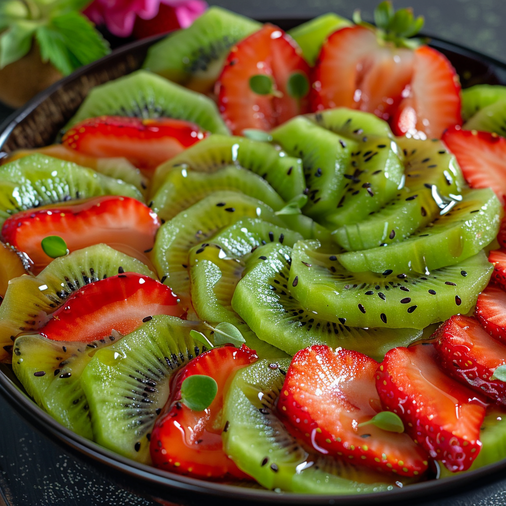 Behold our Kiwi & Strawberry Spiral, bursting with goodness! This vibrant dish features expertly arranged spirals of lush green kiwi and succulent red strawberries, all glistening with a natural, light glaze. Topped with fresh green leaves for an extra touch of color and freshness, this plate isn’t just visually stunning—it’s also packed with health benefits. At Zestful Blends, we pride ourselves on delivering the freshest fruit salads that are as nourishing as they are delicious. Plus, our commitment to eco-friendly practices ensures that you can indulge in these delightful treats while being kind to the planet. Enjoy a symphony of flavors and wellness in every bite! Behold our Kiwi & Strawberry Spiral, bursting with goodness! This vibrant dish features expertly arranged spirals of lush green kiwi and succulent red strawberries, all glistening with a natural, light glaze. Topped with fresh green leaves for an extra touch of color and freshness, this plate isn’t just visually stunning—it’s also packed with health benefits. At Zestful Blends, we pride ourselves on delivering the freshest fruit salads that are as nourishing as they are delicious. Plus, our commitment to eco-friendly practices ensures that you can indulge in these delightful treats while being kind to the planet. Enjoy a symphony of flavors and wellness in every bite!