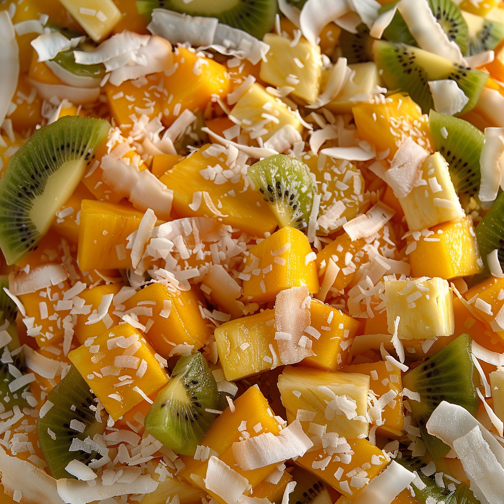Experience Zestful Blends’ Tropical Delight, bursting with goodness! This vibrant medley features succulent chunks of mango, kiwi, and pineapple, topped with a sprinkle of shredded coconut. Our close-up view showcases the fresh and juicy textures of these green, yellow, and orange tropical fruits. A feast for your senses and a boost for your healthβembrace the vitality in each bite! At Zestful Blends, we prioritize eco-friendly practices to deliver natureβs best directly to you. Enjoy freshness redefined in every serving. Experience Zestful Blends’ Tropical Delight, bursting with goodness! This vibrant medley features succulent chunks of mango, kiwi, and pineapple, topped with a sprinkle of shredded coconut. Our close-up view showcases the fresh and juicy textures of these green, yellow, and orange tropical fruits. A feast for your senses and a boost for your healthβembrace the vitality in each bite! At Zestful Blends, we prioritize eco-friendly practices to deliver natureβs best directly to you. Enjoy freshness redefined in every serving.