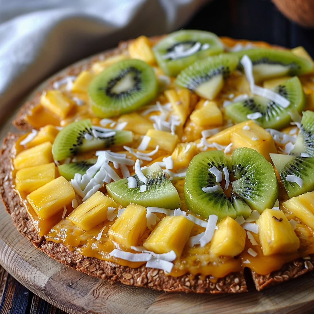A tantalizing close-up of our Tropical Harmony Pizza, bursting with goodness! This vibrant masterpiece is topped with fresh, juicy kiwi slices, succulent pineapple chunks, and delicate shreds of coconut on a crispy base. Served on an eco-friendly wooden board, this pizza showcases the pure vibrancy and health-boosting benefits Zestful Blends is renowned for. Enjoy the perfect harmony of flavors that not only delight your taste buds but also nourish your body with every bite. Dive into the freshness and let these bright green and yellow fruits energize your day! A tantalizing close-up of our Tropical Harmony Pizza, bursting with goodness! This vibrant masterpiece is topped with fresh, juicy kiwi slices, succulent pineapple chunks, and delicate shreds of coconut on a crispy base. Served on an eco-friendly wooden board, this pizza showcases the pure vibrancy and health-boosting benefits Zestful Blends is renowned for. Enjoy the perfect harmony of flavors that not only delight your taste buds but also nourish your body with every bite. Dive into the freshness and let these bright green and yellow fruits energize your day!
