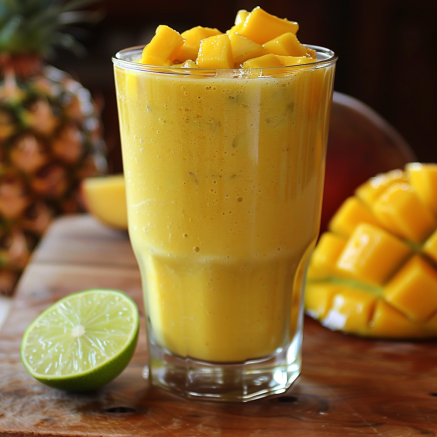 A tall glass brimming with our Mango Tango smoothie, adorned with fresh mango chunks, dances vibrantly on your taste buds. Bursting with goodness, this refreshing delight sits beside a perfectly sliced mango and zesty half-cut lime, all arrayed on a rustic wooden surface. A hint of pineapple in the background nods to the wholesome and eco-friendly journey of our ingredients. At Zestful Blends, savor healthiness and freshness in every sip! A tall glass brimming with our Mango Tango smoothie, adorned with fresh mango chunks, dances vibrantly on your taste buds. Bursting with goodness, this refreshing delight sits beside a perfectly sliced mango and zesty half-cut lime, all arrayed on a rustic wooden surface. A hint of pineapple in the background nods to the wholesome and eco-friendly journey of our ingredients. At Zestful Blends, savor healthiness and freshness in every sip!