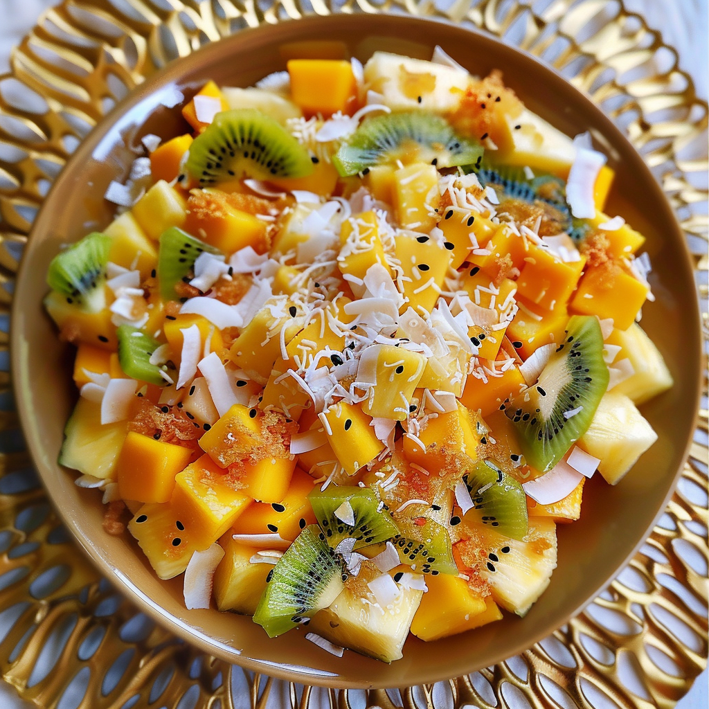 **Tropical Delight Fruit Bowl** bursting with goodness! Experience the vibrant flavors of fresh, juicy mango, pineapple, and kiwi chunks, all topped with a sprinkle of shredded coconut and black sesame seeds for an extra dash of healthiness. Presented on an elegant gold-patterned plate, this delightful fruit bowl epitomizes Zestful Blends' commitment to freshness and wellness. Our eco-friendly packaging ensures you enjoy every bite guilt-free! **Tropical Delight Fruit Bowl** bursting with goodness! Experience the vibrant flavors of fresh, juicy mango, pineapple, and kiwi chunks, all topped with a sprinkle of shredded coconut and black sesame seeds for an extra dash of healthiness. Presented on an elegant gold-patterned plate, this delightful fruit bowl epitomizes Zestful Blends' commitment to freshness and wellness. Our eco-friendly packaging ensures you enjoy every bite guilt-free!