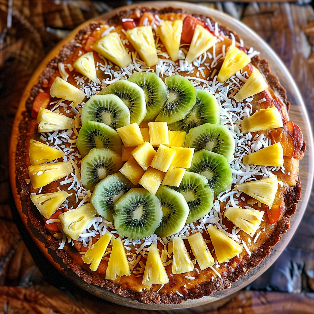 Introducing our Tropical Harmony Pizza, bursting with goodness and vibrant flavor! This tantalizing dessert features an artful arrangement of fresh kiwi slices, juicy pineapple chunks, and a sprinkle of shredded coconut atop a perfectly baked crust. Every bite is a refreshing symphony of tropical bliss that's as pleasing to the eye as it is to the palate. Crafted with the freshest ingredients to fuel your day with natural energy and vitality. Indulge guilt-free in this eco-friendly delight that's not just good for you but great for the planet too! Introducing our Tropical Harmony Pizza, bursting with goodness and vibrant flavor! This tantalizing dessert features an artful arrangement of fresh kiwi slices, juicy pineapple chunks, and a sprinkle of shredded coconut atop a perfectly baked crust. Every bite is a refreshing symphony of tropical bliss that's as pleasing to the eye as it is to the palate. Crafted with the freshest ingredients to fuel your day with natural energy and vitality. Indulge guilt-free in this eco-friendly delight that's not just good for you but great for the planet too!