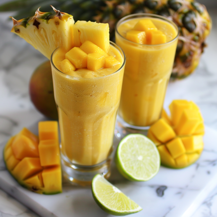 Two glasses of vibrant yellow Mango Tango, bursting with goodness, are artfully garnished with succulent pineapple slices and juicy mango cubes. Fresh chunks of tropical pineapple and ripe mango dance around the glasses, highlighting the freshness of our ingredients. A zesty lime wedge sits invitingly in front on a sleek marble surface, adding a touch of refreshing zest. Enjoy Zestful Blends’ delightful beverages that not only tantalize your taste buds but also nurture your health with every sip. Indulge in our eco-friendly offerings that bring you closer to nature’s finest! Two glasses of vibrant yellow Mango Tango, bursting with goodness, are artfully garnished with succulent pineapple slices and juicy mango cubes. Fresh chunks of tropical pineapple and ripe mango dance around the glasses, highlighting the freshness of our ingredients. A zesty lime wedge sits invitingly in front on a sleek marble surface, adding a touch of refreshing zest. Enjoy Zestful Blends’ delightful beverages that not only tantalize your taste buds but also nurture your health with every sip. Indulge in our eco-friendly offerings that bring you closer to nature’s finest!