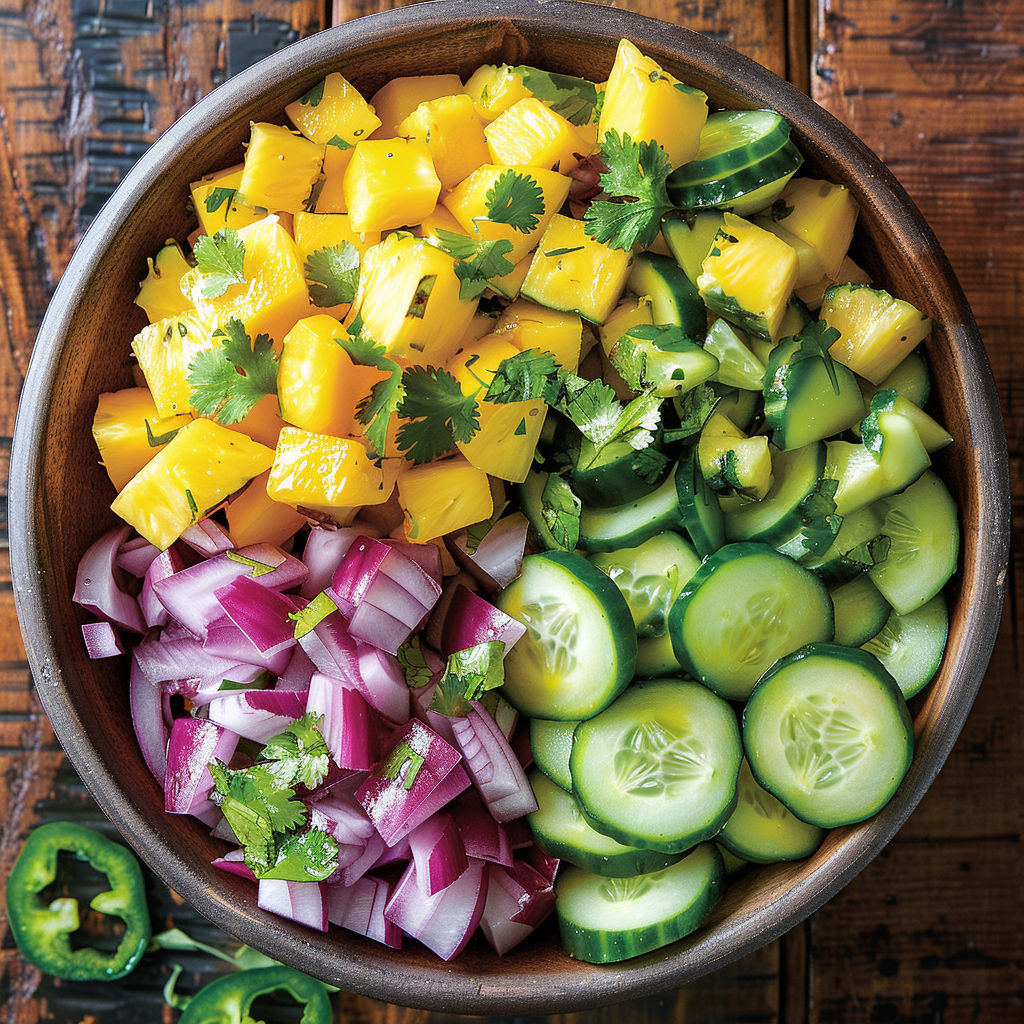 A vibrant bowl bursting with goodness, featuring chopped yellow mangoes, crisp sliced cucumbers, diced red onions, and zesty chopped jalapeños. Fresh cilantro is sprinkled on top for an extra touch of flavor. Next to it, our Cherry & Almond Crunch awaits on a rustic wooden surface, ready to offer a refreshing crunch with every bite. Experience the health benefits and unparalleled freshness of Zestful Blends—your go-to for fruit salads, juices, snacks, smoothies packs and wholesome desserts prepared with eco-friendly practices in mind. A vibrant bowl bursting with goodness, featuring chopped yellow mangoes, crisp sliced cucumbers, diced red onions, and zesty chopped jalapeños. Fresh cilantro is sprinkled on top for an extra touch of flavor. Next to it, our Cherry & Almond Crunch awaits on a rustic wooden surface, ready to offer a refreshing crunch with every bite. Experience the health benefits and unparalleled freshness of Zestful Blends—your go-to for fruit salads, juices, snacks, smoothies packs and wholesome desserts prepared with eco-friendly practices in mind.