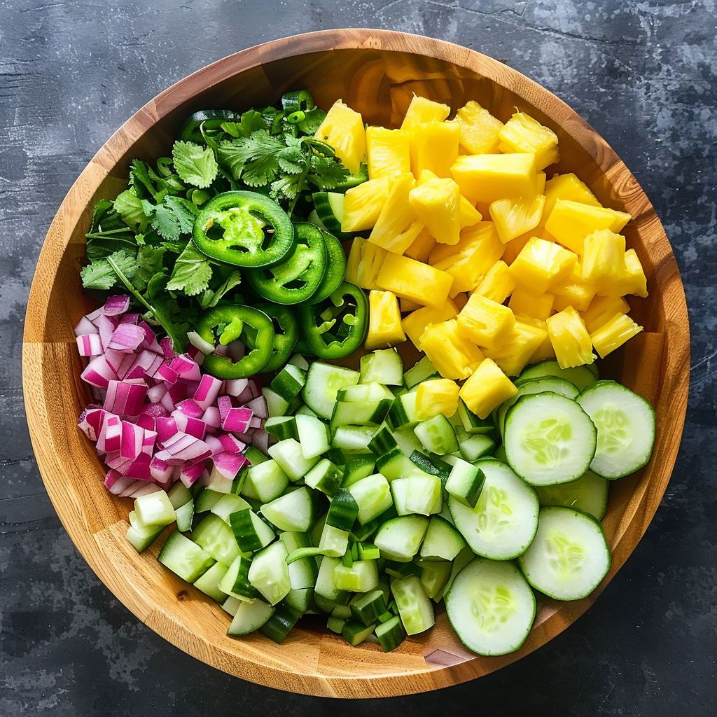 A wooden bowl overflowing with fresh, colorful ingredients: juicy pineapple chunks, crisp cucumber slices, vibrant cubed cucumbers, finely diced red onions, zesty sliced jalapeños, aromatic cilantro, and a generous sprinkle of our delightful Cherry & Almond Crunch. Bursting with goodness and eco-friendly flair on a sophisticated dark textured backdrop. Indulge in the vibrant flavors and premium health benefits that only Zestful Blends can offer! A wooden bowl overflowing with fresh, colorful ingredients: juicy pineapple chunks, crisp cucumber slices, vibrant cubed cucumbers, finely diced red onions, zesty sliced jalapeños, aromatic cilantro, and a generous sprinkle of our delightful Cherry & Almond Crunch. Bursting with goodness and eco-friendly flair on a sophisticated dark textured backdrop. Indulge in the vibrant flavors and premium health benefits that only Zestful Blends can offer!