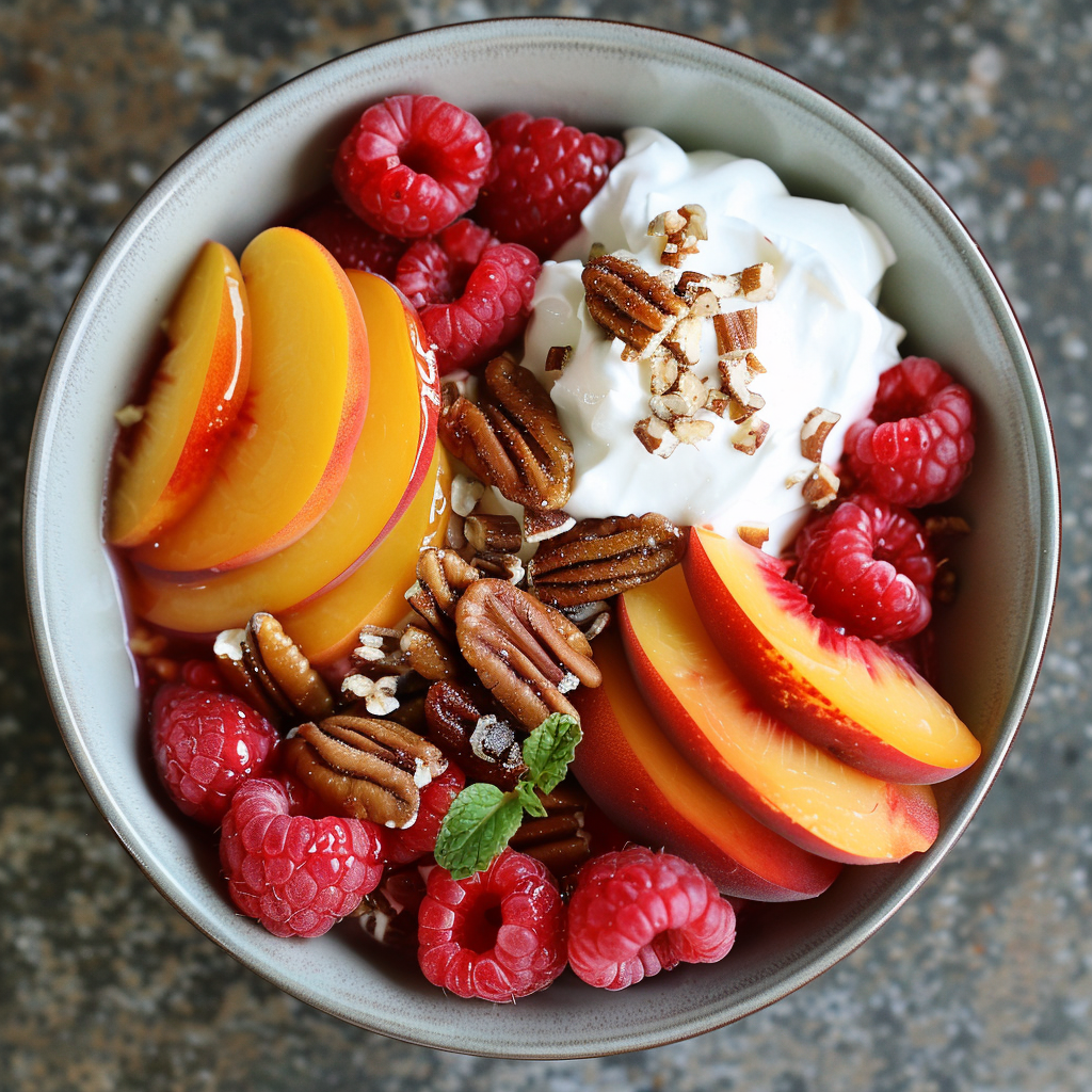 Indulge in our Raspberry & Peach Perfection bowl, bursting with goodness and vibrant colors! Fresh raspberries and juicy peaches pair flawlessly with crunchy pecans, crowned by a dollop of creamy whipped topping and a hint of mint. This delightful medley is not only a feast for your taste buds but also a powerhouse of nutrients, perfect for those who crave both flavor and nourishment. At Zestful Blends, we pride ourselves on delivering freshness in every bite while embracing eco-friendly practices. Dive into this harmonious blend on your plate and experience the zestful difference! Indulge in our Raspberry & Peach Perfection bowl, bursting with goodness and vibrant colors! Fresh raspberries and juicy peaches pair flawlessly with crunchy pecans, crowned by a dollop of creamy whipped topping and a hint of mint. This delightful medley is not only a feast for your taste buds but also a powerhouse of nutrients, perfect for those who crave both flavor and nourishment. At Zestful Blends, we pride ourselves on delivering freshness in every bite while embracing eco-friendly practices. Dive into this harmonious blend on your plate and experience the zestful difference!