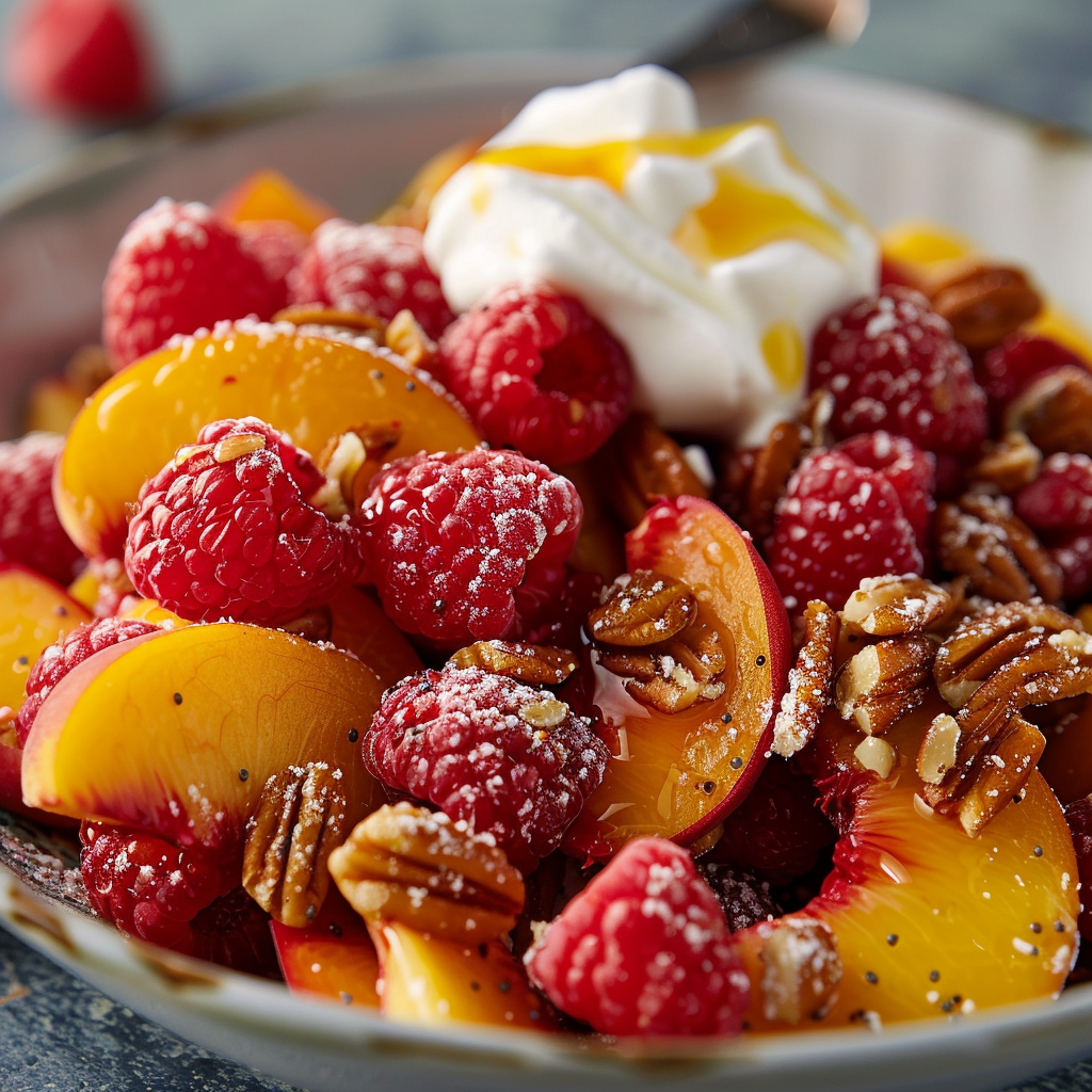 A delightful bowl brimming with fresh raspberries, succulent peach slices, and crunchy pecans, topped with a light dollop of whipped cream and a drizzle of pure honey. Lightly dusted with powdered sugar for an irresistible touch, this vibrant masterpiece exemplifies Raspberry & Peach Perfection. Bursting with goodness, our fruit salads are crafted to nourish your body while tantalizing your taste buds. Enjoy the zestful freshness in every bite—an eco-friendly choice that’s as good for you as it is for the planet! A delightful bowl brimming with fresh raspberries, succulent peach slices, and crunchy pecans, topped with a light dollop of whipped cream and a drizzle of pure honey. Lightly dusted with powdered sugar for an irresistible touch, this vibrant masterpiece exemplifies Raspberry & Peach Perfection. Bursting with goodness, our fruit salads are crafted to nourish your body while tantalizing your taste buds. Enjoy the zestful freshness in every bite—an eco-friendly choice that’s as good for you as it is for the planet!