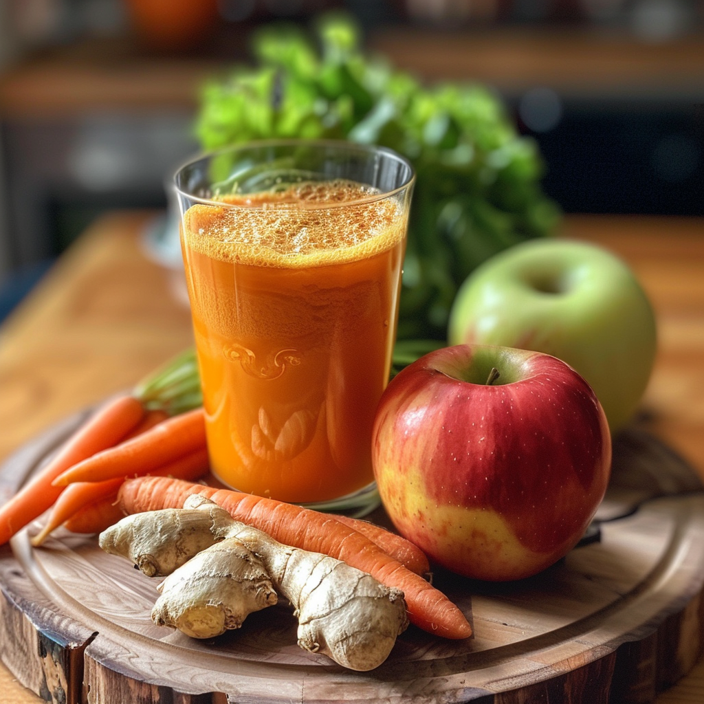 A glass of Citrus Sunrise, our vibrant and refreshing blend, graces a wooden cutting board surrounded by whole apples, crisp carrots, zesty ginger, and leafy greens. This delightful drink is bursting with goodness, offering a nourishing start to your day. Enjoy the perfect sunrise boost with our eco-friendly choice that embraces nature’s best ingredients for a zestful life! A glass of Citrus Sunrise, our vibrant and refreshing blend, graces a wooden cutting board surrounded by whole apples, crisp carrots, zesty ginger, and leafy greens. This delightful drink is bursting with goodness, offering a nourishing start to your day. Enjoy the perfect sunrise boost with our eco-friendly choice that embraces nature’s best ingredients for a zestful life!