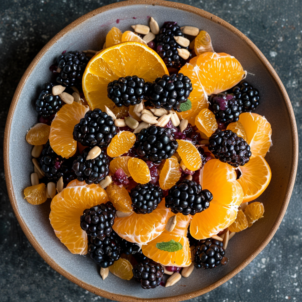 A vibrant bowl brimming with our signature Blackberry & Orange Zest fruit salad, complemented by juicy mandarins and a sprinkle of nourishing sunflower seeds. Positioned against a rich, textured backdrop, the radiant colors of our fresh fruits truly pop! Our fruit salads are bursting with goodness, providing a delightful blend of flavor and nutrition. Packed with vitamins and antioxidants, this refreshing treat is not only delicious but also eco-conscious for those who care about their health and the planet. Dive into a world where freshness meets vitality! A vibrant bowl brimming with our signature Blackberry & Orange Zest fruit salad, complemented by juicy mandarins and a sprinkle of nourishing sunflower seeds. Positioned against a rich, textured backdrop, the radiant colors of our fresh fruits truly pop! Our fruit salads are bursting with goodness, providing a delightful blend of flavor and nutrition. Packed with vitamins and antioxidants, this refreshing treat is not only delicious but also eco-conscious for those who care about their health and the planet. Dive into a world where freshness meets vitality!
