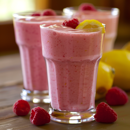 Three glasses of creamy pink Raspberry Lemon Avocado Green Dream, bursting with goodness, are elegantly garnished with fresh lemon slices and vibrant raspberries. Set against a wooden table adorned with whole lemons and scattered raspberries, this dreamy and vibrant scene perfectly captures the freshness of Zestful Blends. Our healthy concoctions deliver premium nutrition in every sip, making them the ideal refreshment for your day. Enjoy the eco-friendly brilliance of nature's finest ingredients! Three glasses of creamy pink Raspberry Lemon Avocado Green Dream, bursting with goodness, are elegantly garnished with fresh lemon slices and vibrant raspberries. Set against a wooden table adorned with whole lemons and scattered raspberries, this dreamy and vibrant scene perfectly captures the freshness of Zestful Blends. Our healthy concoctions deliver premium nutrition in every sip, making them the ideal refreshment for your day. Enjoy the eco-friendly brilliance of nature's finest ingredients!