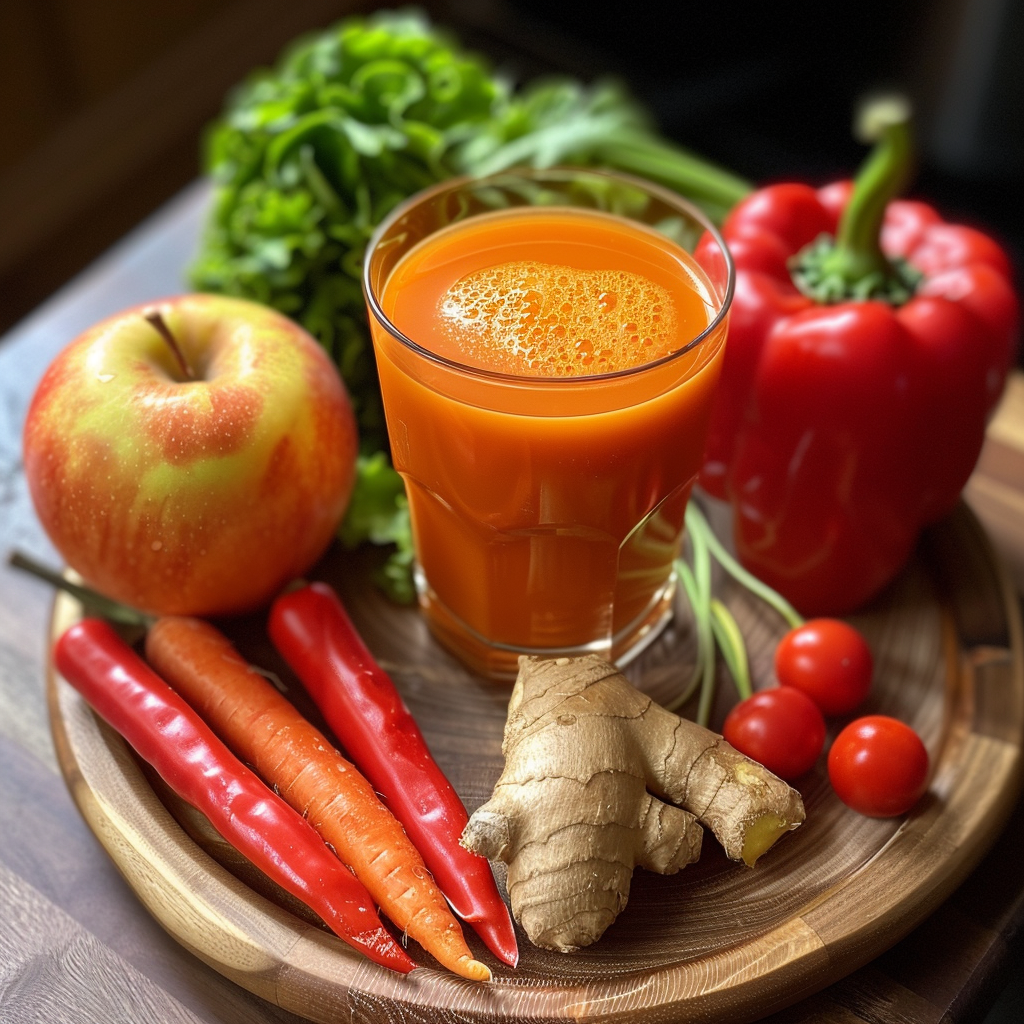 A vibrant glass of Citrus Sunrise, bursting with goodness, sits proudly on a rustic wooden platter. Surrounding it are nature’s finest: a crisp apple, fiery red bell pepper, juicy cherry tomatoes, invigorating ginger root, spicy red chili peppers, crunchy carrots, and aromatic green leafy herbs. This fresh ensemble showcases Zestful Blends’ commitment to health and vitality with every sip. Experience the freshness of a citrus sunrise and savor our eco-friendly promise of wholesome ingredients in every delicious product we offer. A vibrant glass of Citrus Sunrise, bursting with goodness, sits proudly on a rustic wooden platter. Surrounding it are nature’s finest: a crisp apple, fiery red bell pepper, juicy cherry tomatoes, invigorating ginger root, spicy red chili peppers, crunchy carrots, and aromatic green leafy herbs. This fresh ensemble showcases Zestful Blends’ commitment to health and vitality with every sip. Experience the freshness of a citrus sunrise and savor our eco-friendly promise of wholesome ingredients in every delicious product we offer.