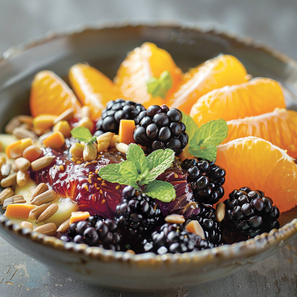 Experience the vibrant freshness of Zestful Blends with our Blackberry & Orange Zest Delight! This bowl bursts with the goodness of ripe blackberries and lively orange zest slices, all expertly segmented for a perfect blend. Garnished with mint leaves and a sprinkle of sunflower seeds, each bite offers a delightful crunch and zesty flavor that’s as nourishing as it is delicious. Enjoy this colorful mix knowing it’s part of our commitment to health, wellness, and eco-friendly practices. Dive into the pure joy of nature’s best with every rejuvenating spoonful! Experience the vibrant freshness of Zestful Blends with our Blackberry & Orange Zest Delight! This bowl bursts with the goodness of ripe blackberries and lively orange zest slices, all expertly segmented for a perfect blend. Garnished with mint leaves and a sprinkle of sunflower seeds, each bite offers a delightful crunch and zesty flavor that’s as nourishing as it is delicious. Enjoy this colorful mix knowing it’s part of our commitment to health, wellness, and eco-friendly practices. Dive into the pure joy of nature’s best with every rejuvenating spoonful!