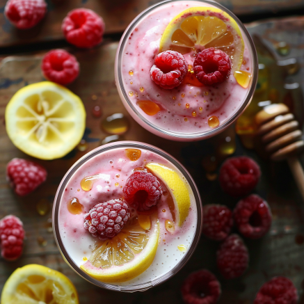 Two glasses of Avocado Green Dream, bursting with goodness, are perfectly garnished with zesty lemon slices, fresh raspberries, and a delectable drizzle of honey. Surrounding these vibrant beverages are scattered raspberries and lemon slices on a rustic wooden surface—showcasing the lavish freshness of our ingredients. To the right, a honey dipper oozes with golden honey, completing this eco-friendly and nutrient-packed masterpiece from Zestful Blends. Enjoy ultimate health benefits in every sip! Two glasses of Avocado Green Dream, bursting with goodness, are perfectly garnished with zesty lemon slices, fresh raspberries, and a delectable drizzle of honey. Surrounding these vibrant beverages are scattered raspberries and lemon slices on a rustic wooden surface—showcasing the lavish freshness of our ingredients. To the right, a honey dipper oozes with golden honey, completing this eco-friendly and nutrient-packed masterpiece from Zestful Blends. Enjoy ultimate health benefits in every sip!