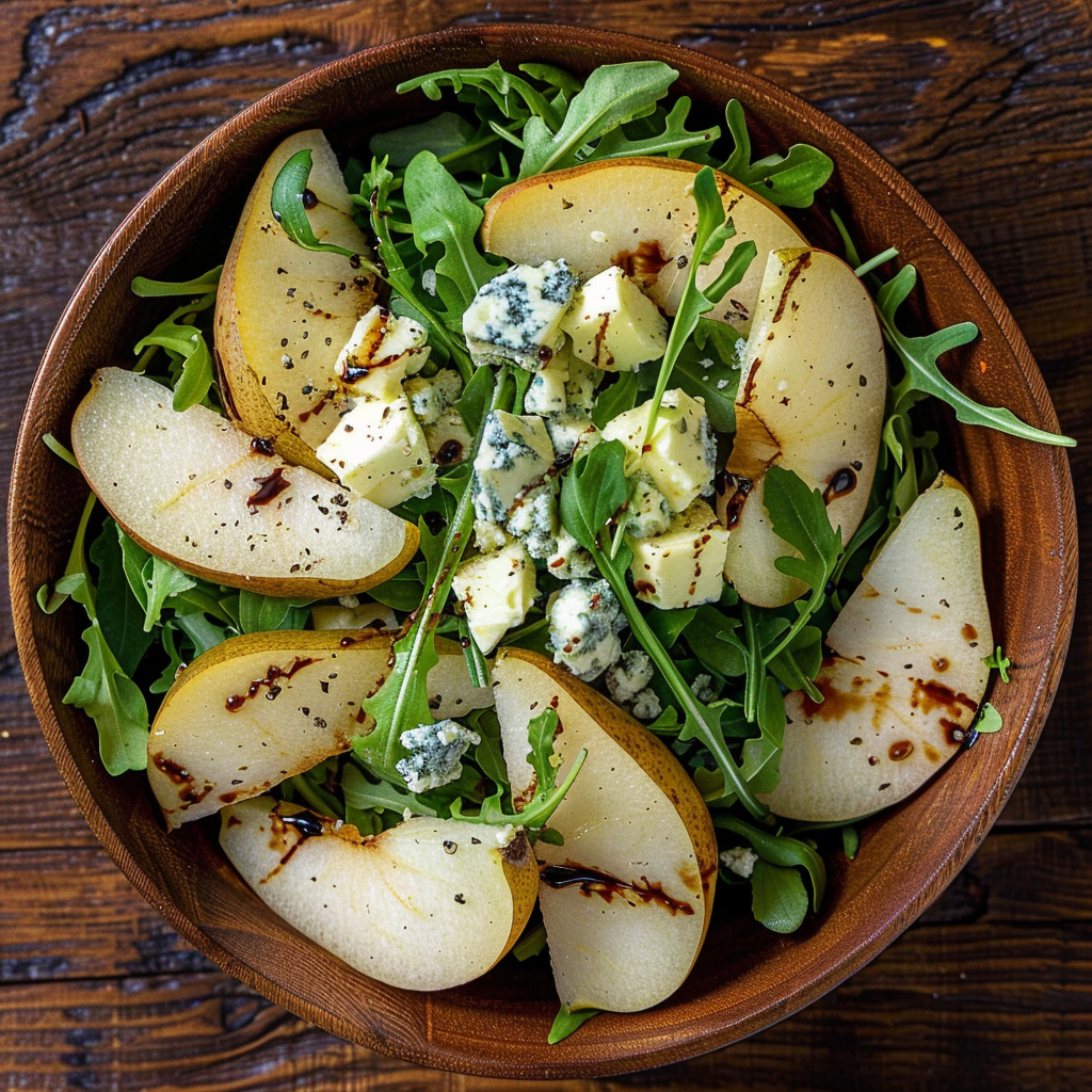 Indulge in the Pear & Blue Cheese Symphony, a harmonious blend bursting with goodness! Featuring crisp arugula, juicy pear slices, and rich blue cheese chunks, all perfectly balanced with a drizzle of balsamic vinegar. Experience vibrant flavors on an eco-friendly dark wooden surface. Freshness and health at their finest from Zestful Blends! Indulge in the Pear & Blue Cheese Symphony, a harmonious blend bursting with goodness! Featuring crisp arugula, juicy pear slices, and rich blue cheese chunks, all perfectly balanced with a drizzle of balsamic vinegar. Experience vibrant flavors on an eco-friendly dark wooden surface. Freshness and health at their finest from Zestful Blends!