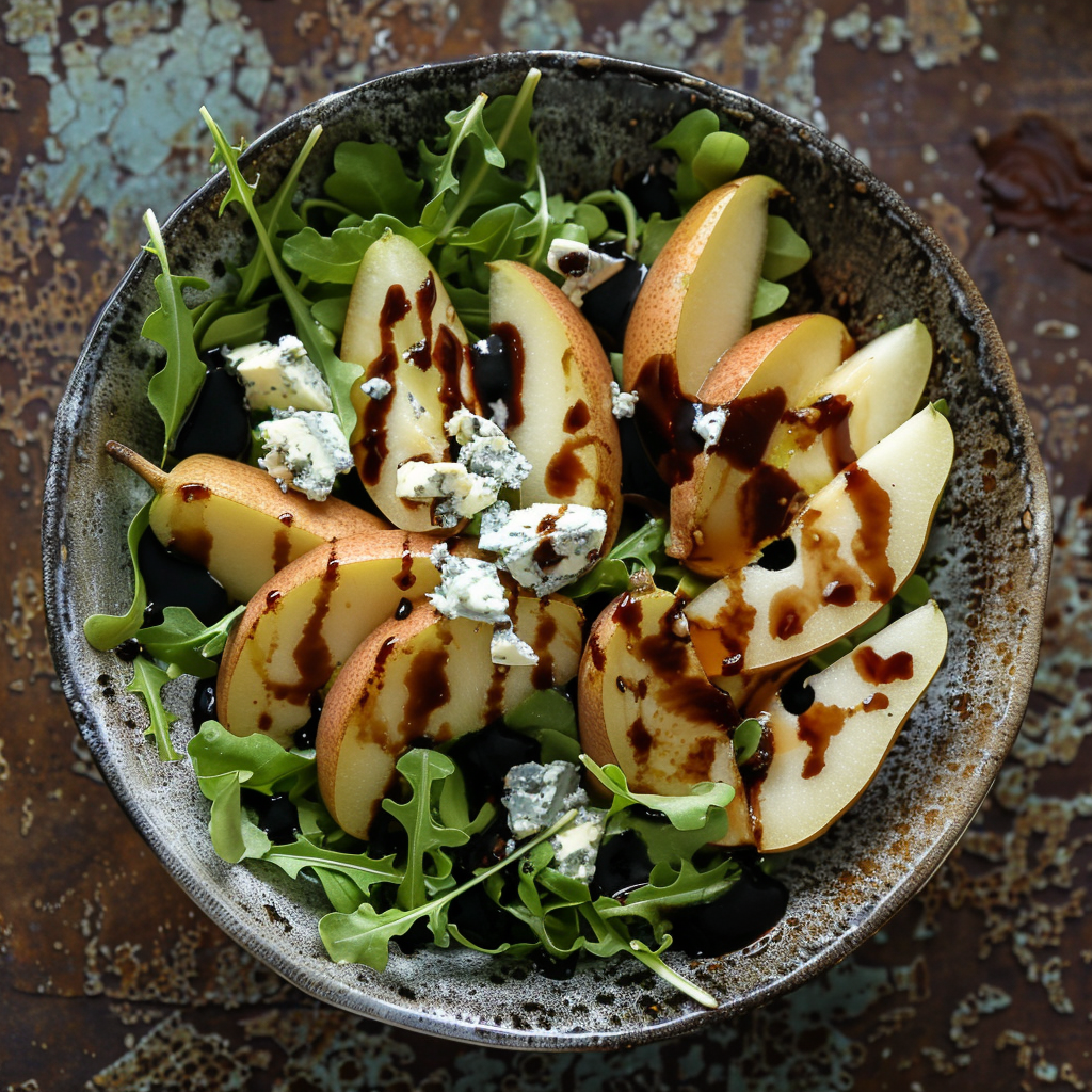 A vibrant bowl of fresh arugula bursting with goodness, topped with succulent slices of juicy pear and rich chunks of creamy blue cheese. Drizzled with a luscious balsamic glaze, our Pear & Blue Cheese Symphony is served on an eco-friendly, weathered metal surface that enhances its artisanal charm. Enjoy this refreshing and nutritious dish—a perfect blend of flavors that’s as delightful to the palate as it is to the eye. Experience Zestful Blends: where health meets indulgence in every bite. A vibrant bowl of fresh arugula bursting with goodness, topped with succulent slices of juicy pear and rich chunks of creamy blue cheese. Drizzled with a luscious balsamic glaze, our Pear & Blue Cheese Symphony is served on an eco-friendly, weathered metal surface that enhances its artisanal charm. Enjoy this refreshing and nutritious dish—a perfect blend of flavors that’s as delightful to the palate as it is to the eye. Experience Zestful Blends: where health meets indulgence in every bite.
