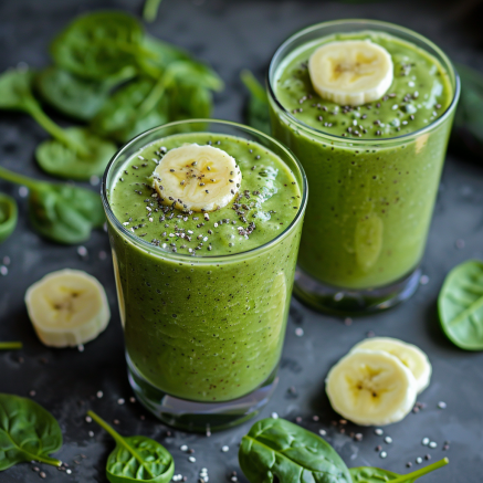 Behold the Avocado Green Dream! Two vibrant glasses of this creamy, nutrient-rich elixir are bursting with goodness. Each sip offers a taste of pure health, infused with luscious avocado and garnished with delightful banana slices and chia seeds. Fresh spinach leaves and extra banana slices add to the visual feast on a dark textured surface. This eco-friendly treat is nature’s finest in a glass—a healthy dream come true from Zestful Blends! Behold the Avocado Green Dream! Two vibrant glasses of this creamy, nutrient-rich elixir are bursting with goodness. Each sip offers a taste of pure health, infused with luscious avocado and garnished with delightful banana slices and chia seeds. Fresh spinach leaves and extra banana slices add to the visual feast on a dark textured surface. This eco-friendly treat is nature’s finest in a glass—a healthy dream come true from Zestful Blends!