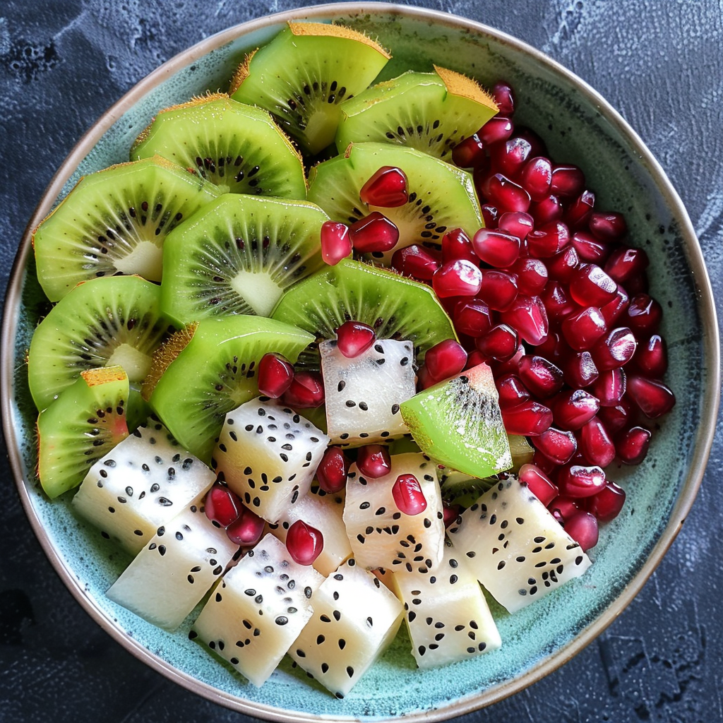 A stunning bowl bursting with goodness, featuring neatly arranged slices of green kiwi, exotic white Dragon Fruit Salad studded with black seeds, and ruby-red pomegranate jewels. The vivid colors of this delectable blend showcase the unparalleled freshness and health benefits Zestful Blends is known for. Enjoy a taste sensation that's as nutritious as it is visually captivating. Our eco-friendly practices ensure you savor nature’s best while caring for the planet! A stunning bowl bursting with goodness, featuring neatly arranged slices of green kiwi, exotic white Dragon Fruit Salad studded with black seeds, and ruby-red pomegranate jewels. The vivid colors of this delectable blend showcase the unparalleled freshness and health benefits Zestful Blends is known for. Enjoy a taste sensation that's as nutritious as it is visually captivating. Our eco-friendly practices ensure you savor nature’s best while caring for the planet!