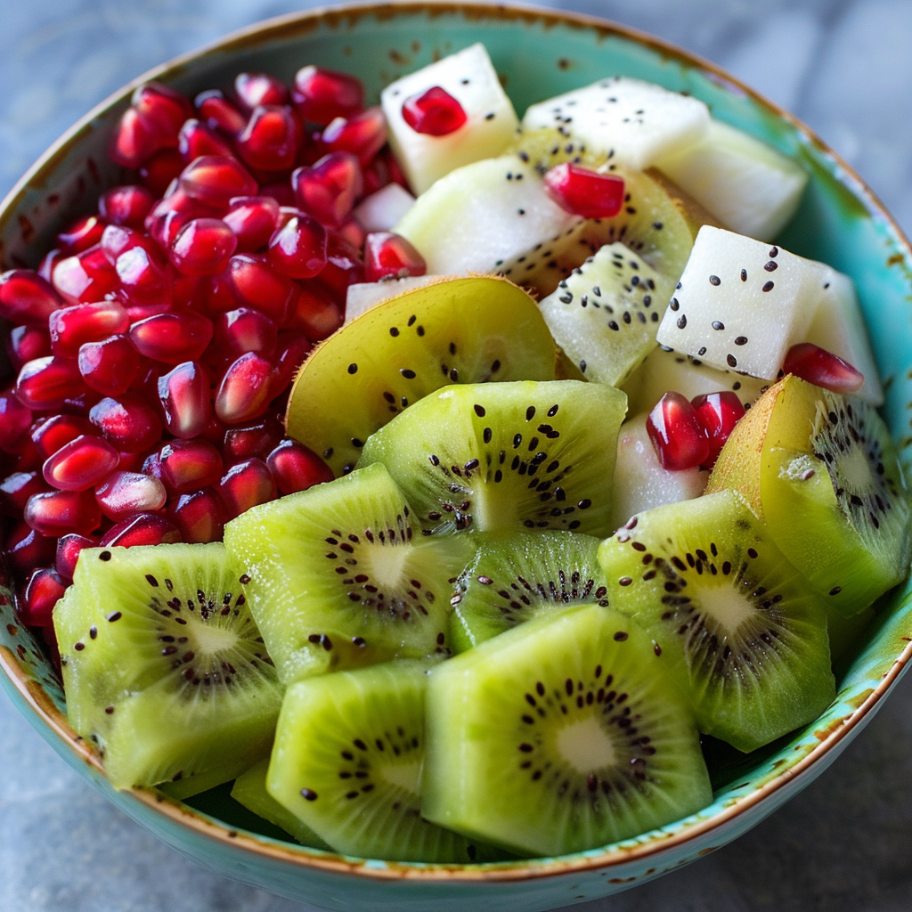 A bowl brimming with vibrant, fresh fruits showcases our Exotic Dragon Fruit Salad, artfully arranged for a tantalizing display. Bursting with goodness, this salad features juicy red pomegranate seeds, sliced green kiwi, cubed pear pieces, and exotic dragon fruit. Perfectly crafted to nourish your body and delight your senses! At Zestful Blends, we ensure each bite is packed with health benefits and unmatched freshness. Enjoy our eco-friendly masterpieces that are as good for the planet as they are for you! A bowl brimming with vibrant, fresh fruits showcases our Exotic Dragon Fruit Salad, artfully arranged for a tantalizing display. Bursting with goodness, this salad features juicy red pomegranate seeds, sliced green kiwi, cubed pear pieces, and exotic dragon fruit. Perfectly crafted to nourish your body and delight your senses! At Zestful Blends, we ensure each bite is packed with health benefits and unmatched freshness. Enjoy our eco-friendly masterpieces that are as good for the planet as they are for you!
