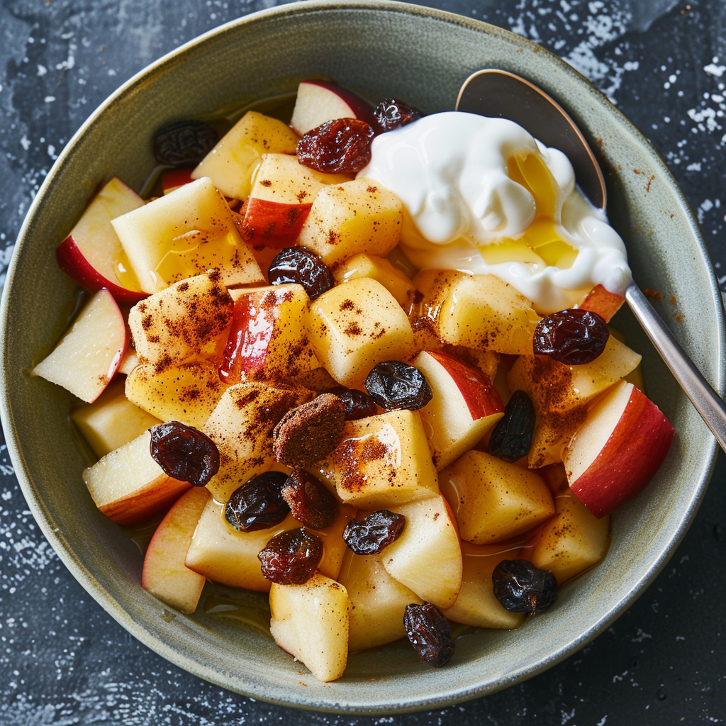 A bowl bursting with the goodness of our Spiced Apple & Raisin Salad, sprinkled with invigorating cinnamon. To the side, a dollop of creamy yogurt drizzled with pure honey enhances the experience. A sleek spoon nestles inside, ready to deliver a taste of freshness and health benefits in every bite. Our vibrant creation rests on an elegant dark surface—exemplifying Zestful Blends’ commitment to eco-friendly elegance and nutritious indulgence. A bowl bursting with the goodness of our Spiced Apple & Raisin Salad, sprinkled with invigorating cinnamon. To the side, a dollop of creamy yogurt drizzled with pure honey enhances the experience. A sleek spoon nestles inside, ready to deliver a taste of freshness and health benefits in every bite. Our vibrant creation rests on an elegant dark surface—exemplifying Zestful Blends’ commitment to eco-friendly elegance and nutritious indulgence.