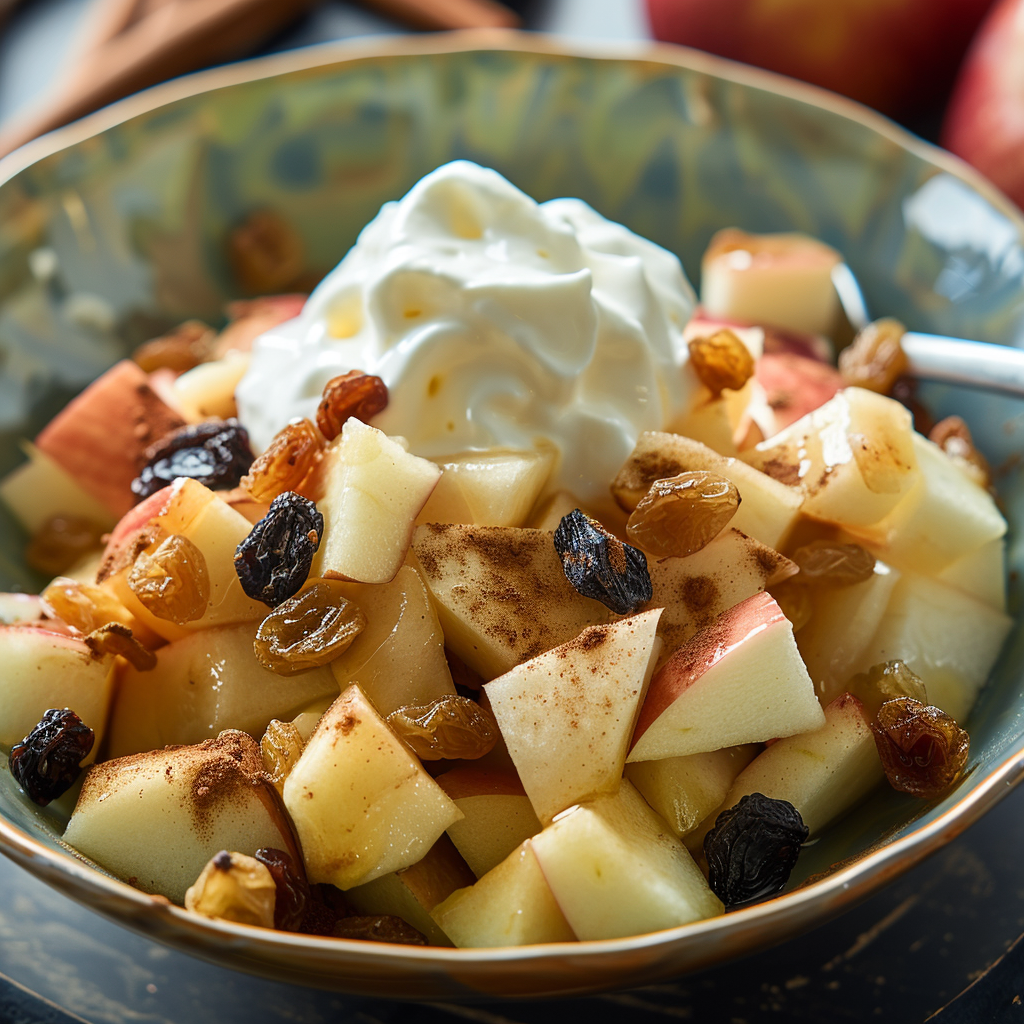 Feast your eyes on our Spiced Apple & Raisin Salad—a bowl bursting with the wholesome goodness of fresh apples and succulent raisins, expertly spiced for a delightful flavor experience. Crowned with a dollop of airy whipped cream, this refreshing treat promises both indulgence and healthful benefits. A spoon rests invitingly beside the vibrant bowl, while crisp apples in the background hint at the salad’s farm-fresh origins. Embrace Zestful Blends’ commitment to eco-friendly practices with every bite! Feast your eyes on our Spiced Apple & Raisin Salad—a bowl bursting with the wholesome goodness of fresh apples and succulent raisins, expertly spiced for a delightful flavor experience. Crowned with a dollop of airy whipped cream, this refreshing treat promises both indulgence and healthful benefits. A spoon rests invitingly beside the vibrant bowl, while crisp apples in the background hint at the salad’s farm-fresh origins. Embrace Zestful Blends’ commitment to eco-friendly practices with every bite!