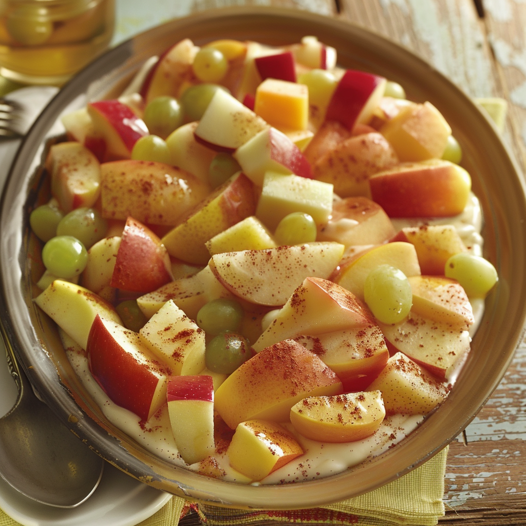 A radiant Orchard Medley in a charming round dish, featuring crisp sliced apples, juicy grapes, and vibrant melon cubes, all dusted with a hint of cinnamon. Bursting with goodness and freshness, this delightful fruit salad sits beautifully on a rustic wooden table next to two eco-friendly metal spoons—perfect for a healthful snack or dessert. Savor the zestful flavors while nourishing your body with nature’s finest! A radiant Orchard Medley in a charming round dish, featuring crisp sliced apples, juicy grapes, and vibrant melon cubes, all dusted with a hint of cinnamon. Bursting with goodness and freshness, this delightful fruit salad sits beautifully on a rustic wooden table next to two eco-friendly metal spoons—perfect for a healthful snack or dessert. Savor the zestful flavors while nourishing your body with nature’s finest!