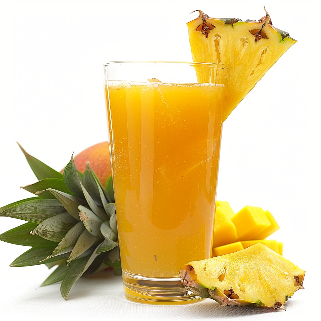 A tall glass of Citrus Sunrise takes center stage, garnished with a vibrant pineapple slice. Surrounding the glass are juicy, golden pineapple chunks, verdant pineapple leaves, and a whole tropical pineapple against a pristine white backdrop. Bursting with goodness, this refreshing juice is crafted to kickstart your day with an invigorating blend of fresh citrus flavors. At Zestful Blends, our products promise not just exceptional taste but also essential health benefits and eco-friendly practices in every sip and bite! A tall glass of Citrus Sunrise takes center stage, garnished with a vibrant pineapple slice. Surrounding the glass are juicy, golden pineapple chunks, verdant pineapple leaves, and a whole tropical pineapple against a pristine white backdrop. Bursting with goodness, this refreshing juice is crafted to kickstart your day with an invigorating blend of fresh citrus flavors. At Zestful Blends, our products promise not just exceptional taste but also essential health benefits and eco-friendly practices in every sip and bite!