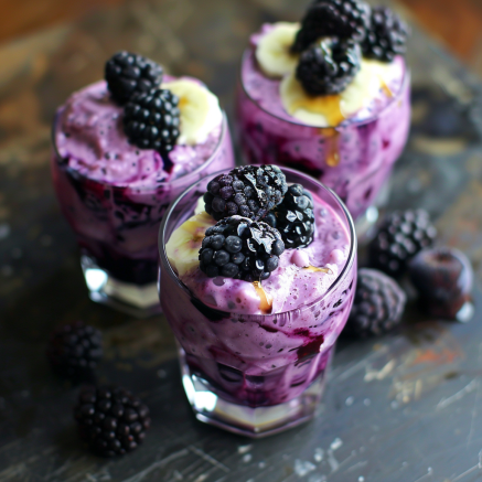 Three glasses of our signature Blueberry Hill smoothie, creamy and bursting with freshness, are artfully topped with succulent blackberries and banana slices, then drizzled with golden honey. Nestled on a rustic wooden table, these nourishing delights promise a symphony of flavors and health benefits. Scattered blackberries add an extra touch of vibrant indulgence. Enjoy the natural goodness in each sip—crafted to perfection just for you by Zestful Blends! 🌿💚 Three glasses of our signature Blueberry Hill smoothie, creamy and bursting with freshness, are artfully topped with succulent blackberries and banana slices, then drizzled with golden honey. Nestled on a rustic wooden table, these nourishing delights promise a symphony of flavors and health benefits. Scattered blackberries add an extra touch of vibrant indulgence. Enjoy the natural goodness in each sip—crafted to perfection just for you by Zestful Blends! 🌿💚